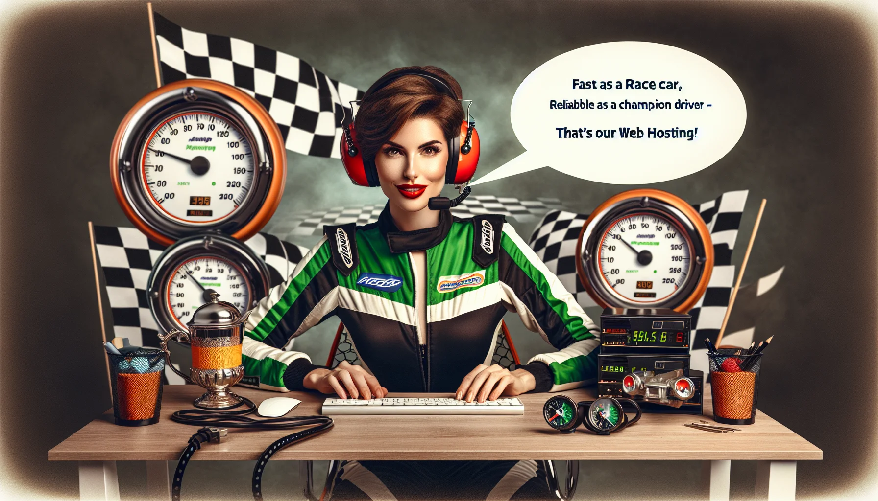 Generate a playful image of a sporty woman with short brown hair, in a humorous situation encouraging web hosting. She is attired in a racing jumpsuit with vibrant green accents, seated behind a sleek computer setup surrounded by speedometers, race car decals, and checkered flags. A speech bubble coming from her reads: 'Fast as a race car, reliable as a champion driver - that's our web hosting!'. The image should possess a captivating balance of humor, the rush of motorsports, and the technology-driven vibe of web hosting, to create the desired ambiance.