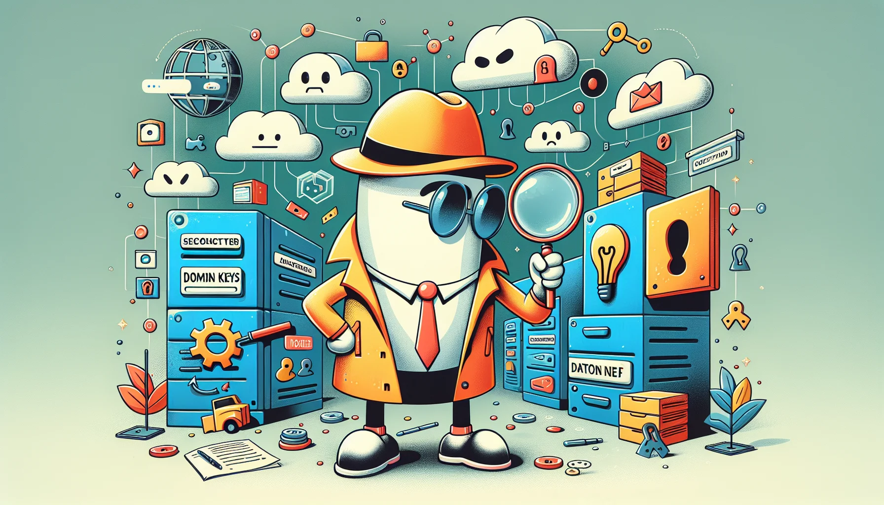 Generate a humorous scene in a digital environment. Central in the frame is an abstracted, anthropomorphized icon representing DKIM (DomainKeys Identified Mail), donned in detective's attire, as if it's solving complex mysteries with a magnifying glass. Around the icon, visual metaphors of web hosting elements are evident - servers, cloud storage, data flow, and domain names. The overall tone is bubbly and enticing, making light of the serious business of web hosting. Add a tagline below in bold, catchy font: 'Making Web Hosting A Walk in The Park' to lighten up the atmosphere further.