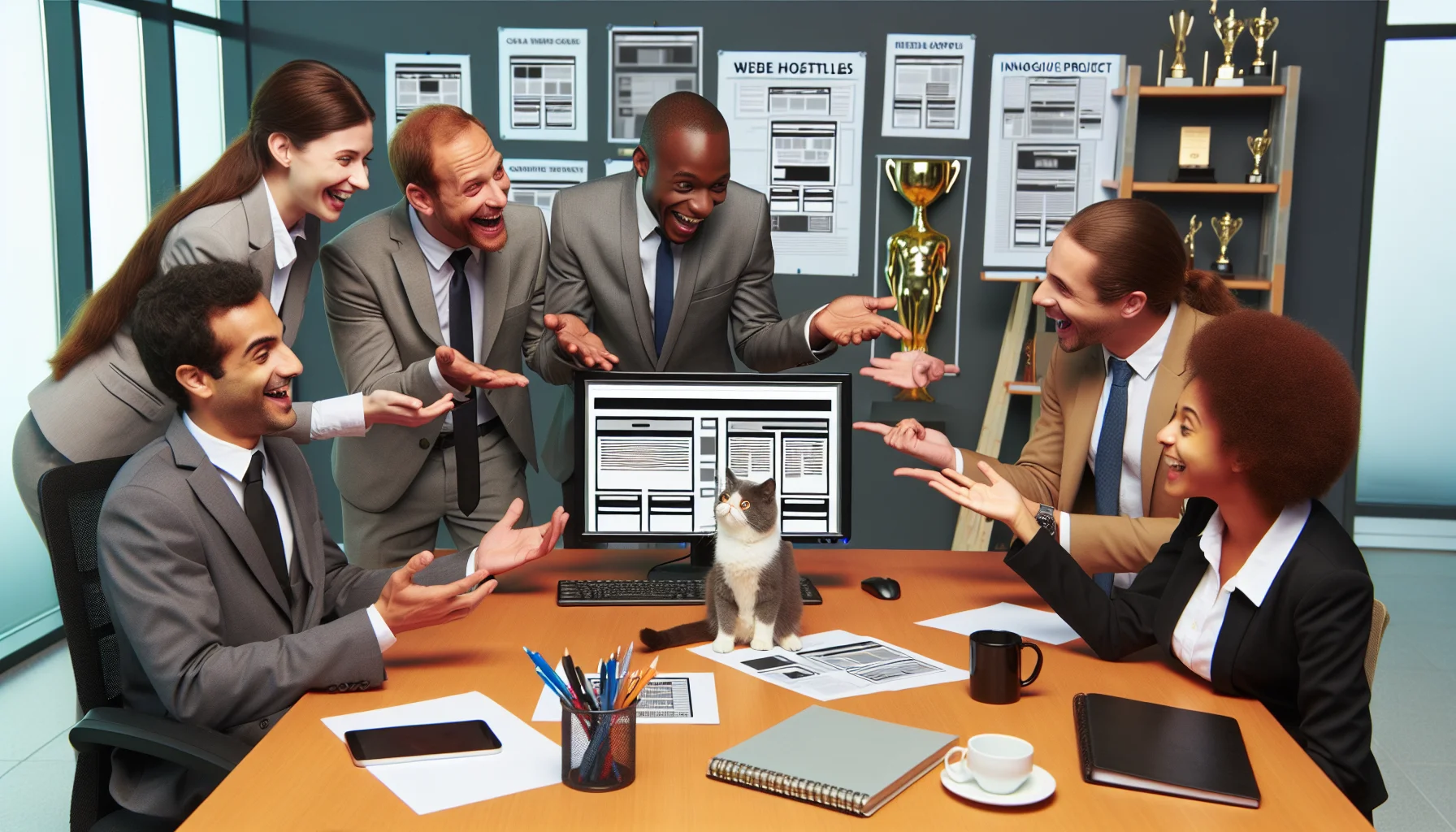 Make a picture embodying humor and optimism, set in an office. Imagine there are employees of diverse descents like Caucasian, Black and Hispanic, both men and women, engaged in an amusing situation. They are animatedly discussing and pointing to a computer screen, which displays a variety of generic web hosting templates. Infuse some laughter by placing a quirky looking cat mascot on the desk which seems to be “reviewing” some printouts of the website templates. Include a touch of aspiration, by placing symbols of success around the office like a wall-mounted award or an innovative project blueprint.