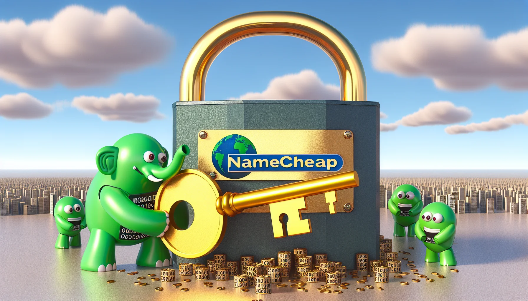 Generate a humorous scene where an anthropomorphized version of MongoDB, depicted as a green elephant with binary codes on its skin, is trying to push a gigantic, gold key into the keyhole of a massive domain lock, symbolizing Namecheap. The lock is embossed with an image of globe to represent web hosting. Additionally, include an audience of smiling binary entities, indicating applications supporting this amusing effort, while the skyline in the background portrays a vast digital landscape.