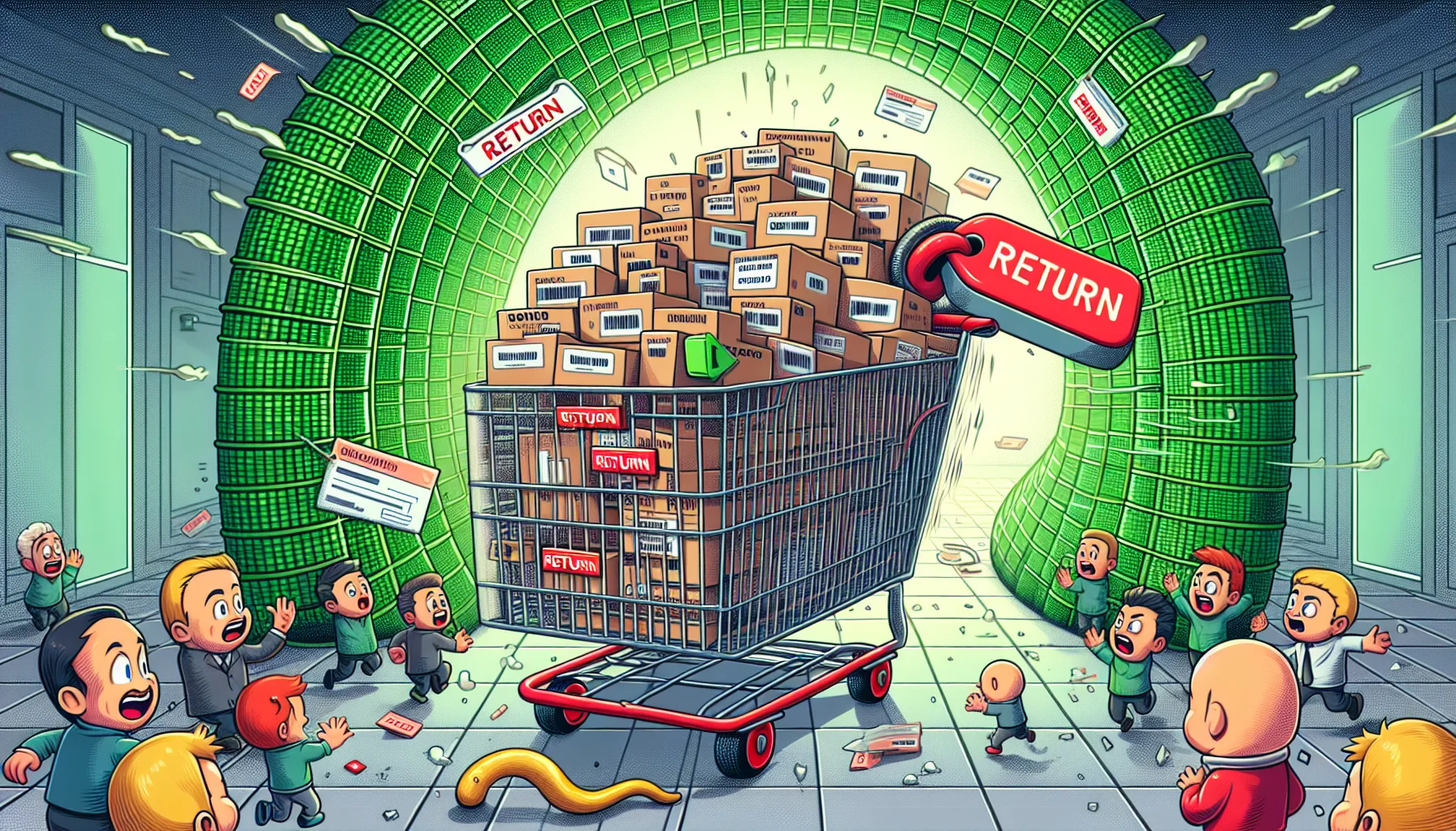 Create a humorous and attraction-grabbing scene related to a web hosting refund policy. Imagine a gigantic shopping cart on wheels flying through a heavily pixelated cyberspace tunnel, filled to the brim with domain names and web hosting packages, each tagged with a price tag. An oversized green RETURN button attached to a mega rubber band pulls the cart back into a store-like setting, with a comically large, red REJECTED stamp looming above, while a small group of laughing cartoon characters representing various ethnicities watches the scene unfold.