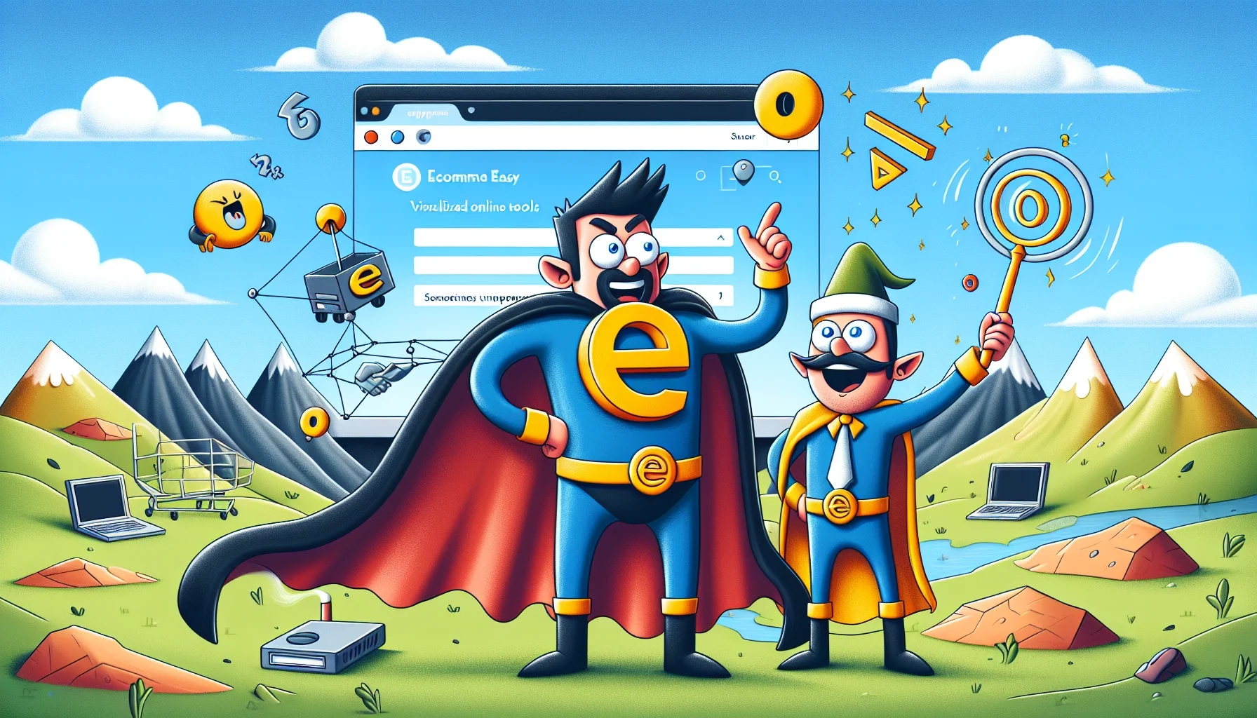 Create a quirky image where browsers for visualized online tools, dubbed 'Ecommerce Easy' and 'Website Wonder', indicating similarities to common web hosting platforms, are presented in a humorous situation. In this scenario, 'Ecommerce Easy' could be depicted as a charismatic yet somewhat clumsy superhero with a large 'E' symbol on the chest, while 'Website Wonder' could be shown as an overly excited wizard with a magical wand that sometimes works unpredictably. The background could feature a landscape symbolizing the digital world, with 1s and 0s, and other tech peripherals like routers and screens, adding to the antic drama.