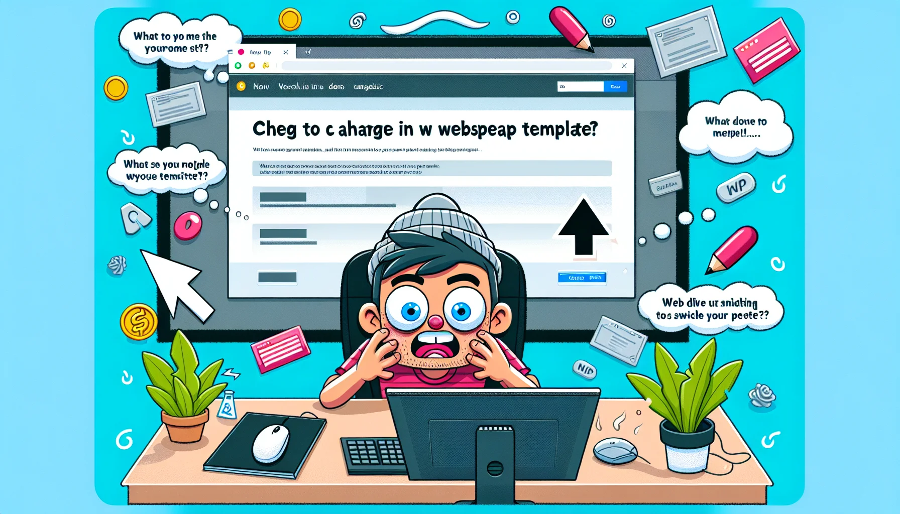 Create a humorous and captivating image illustrating the process of changing the webpage template on a generic website hosting platform. The scenario could include a user with a bewildered expression, comically oversized mouse pointer on the screen, and humorous web design elements randomly scattered around. Make sure to include various on-screen prompts detailing the steps to switch a website template, contributing to the overall comedic environment. This gives a lighthearted nod to the complexities and challenges that might arise in web design and website hosting.