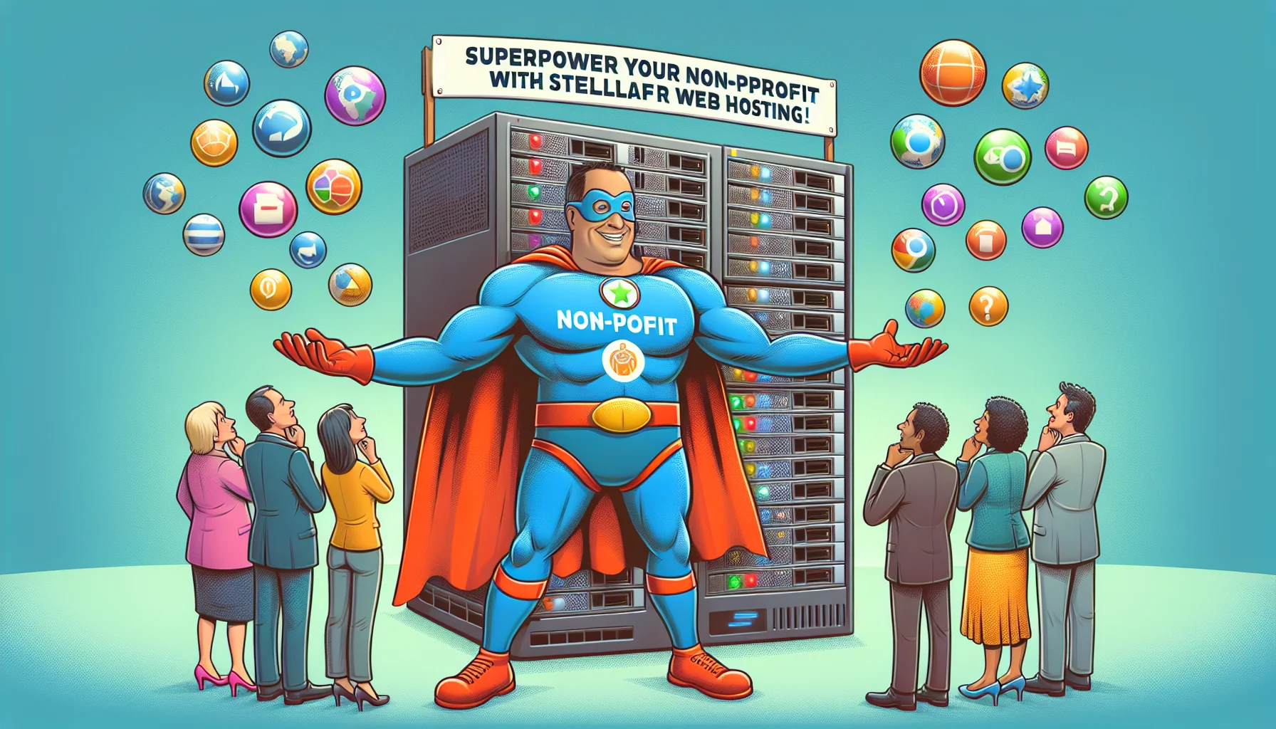 Imagine a witty and creative depiction of web hosting for nonprofits. Visualize an oversized, charmingly goofy caricature of a computer server dressed in superhero attire, with 'Non-Profit Hero' emblazoned on its chest. It is juggling various internet browsers represented as colorful globes. Beneath it, a diverse group of people (a Caucasian female, a Middle-Eastern male, a Hispanic female, and a South-Asian male) curiously watch the spectacle, their faces a mix of amusement and astonishment. On a banner above, the text reads: 'Superpower your Non-Profit with Stellar Web Hosting!'.