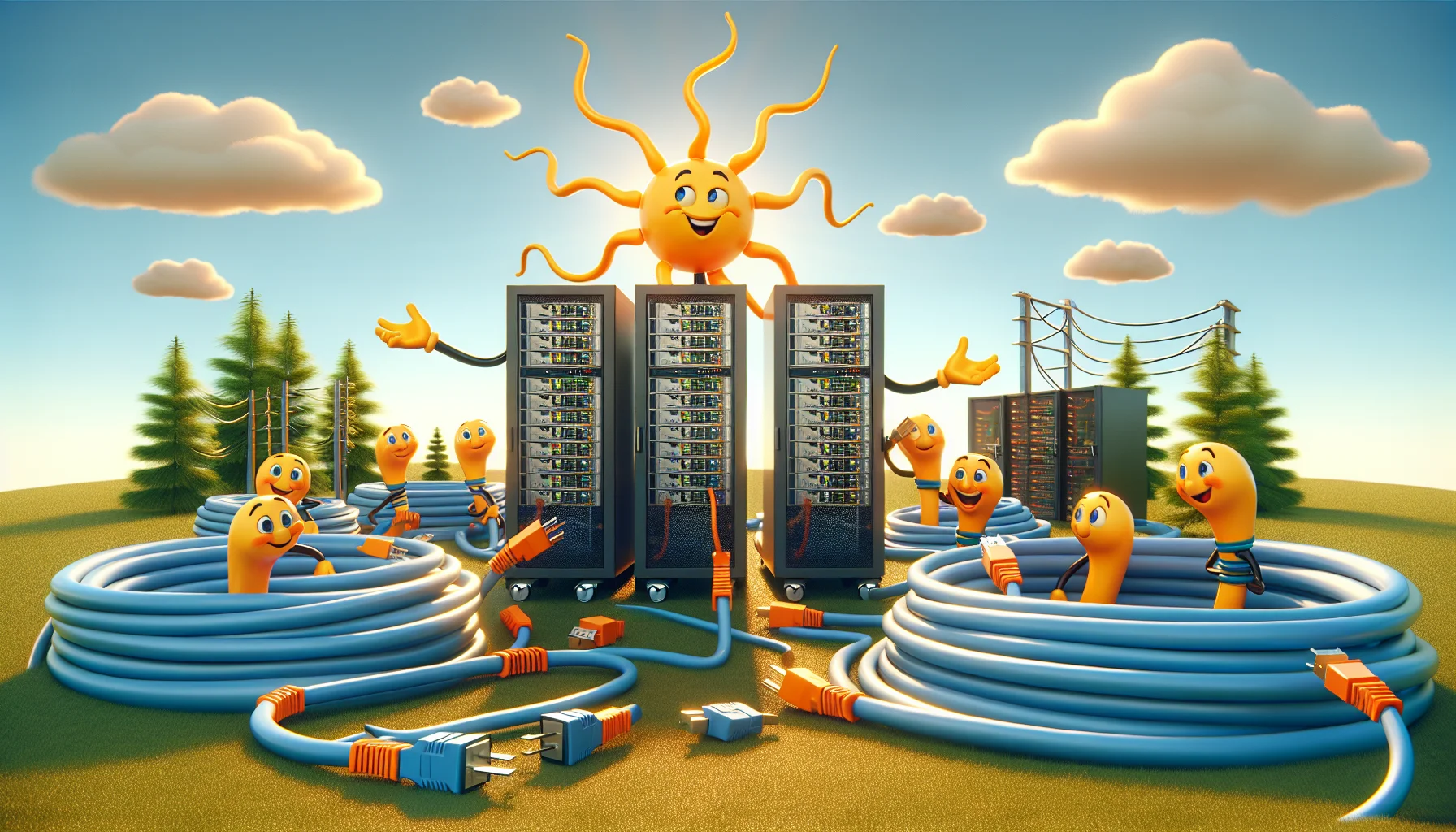 Depict a humorous scenario involving a web hosting server theme, set within a sunny scenic backdrop. In this image, cables and server racks are personified, joyfully interacting in the sunlit environment. Among these, one server rack, stands with a crowning antenna, taking the role of a charismatic host. The scene is a playful anthropomorphism, making light of the hosting duties that servers perform in the digital world. The servers, while thoroughly enjoying their sunny setting, carry out their duties with comical precision and coordination, thereby symbolizing 'sunny upstate' data centers catering to online services.