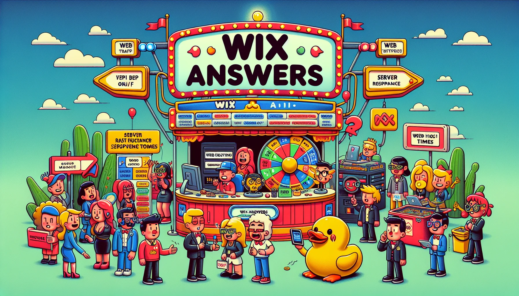 Generate an image depicting a humorous scenario related to web hosting. In this scene, a group of cartoon characters, represented by diverse genders and descents, are running a web hosting convention. There is a large, brightly colored stand labeled 'Wix Answers', which looks almost like a carnival booth. The booth is filled with symbols and props associated with web hosting, such as a rubber duck wearing glasses examining a computer, a massive red switch labeled 'Web Traffic On/Off', and a roulette wheel labeled 'Server Response Times'. This entertaining setting should evoke a sense of amusement and charm related to Wix's web hosting services.