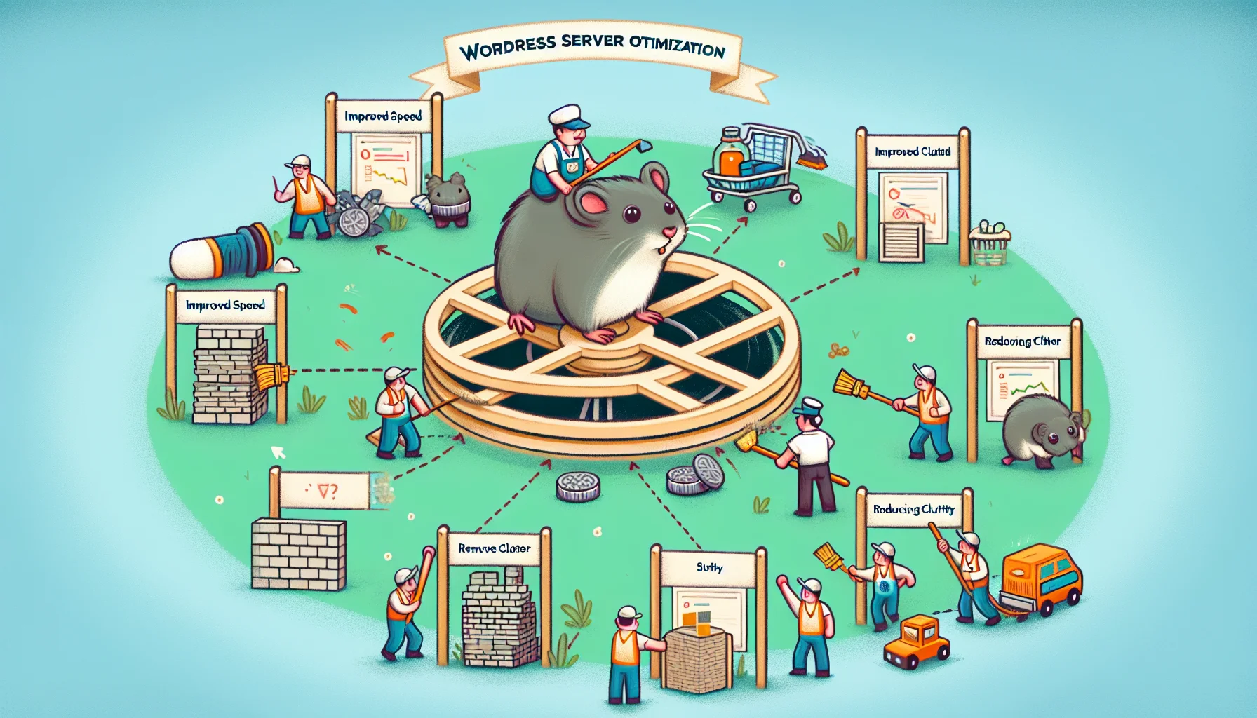 Illustrate a humorous scenario related to WordPress hosting server optimization. The image should feature nine distinct sections, each representing an individual method for optimization. Some potential ideas could include a hamster on a wheel to symbolize improved speed, a janitor with a broom sweeping away unwanted data to represent reducing clutter, or a group of miniature construction workers constructing a brick wall to signify the enhancement of security features. The overall scene should be playful, yet informative, and encourage the viewer to think about the importance of web hosting.