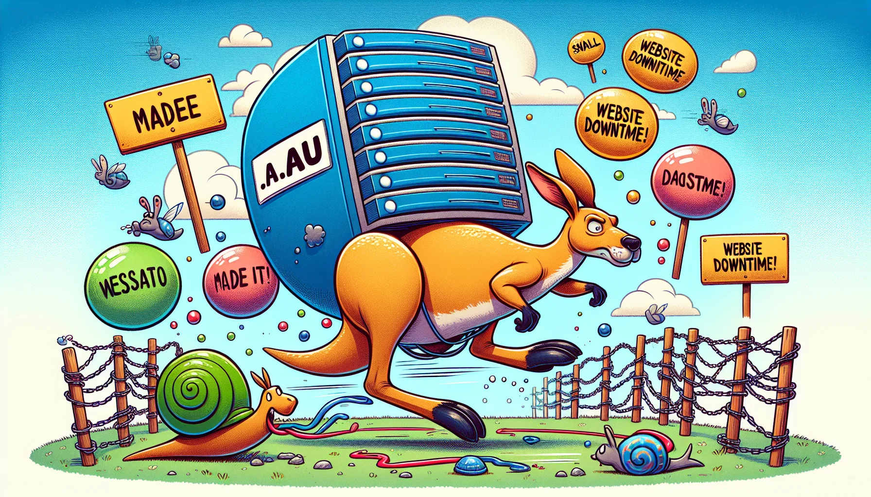 Picture of an amusing scenario revolving around website hosting: A comical kangaroo, as the symbol of Australia (.au domain), is bouncing around with a large imaginary web server on its back. The kangaroo is leaping over common obstacles encountered during web hosting, like a snail symbolizing slow speeds and a barrier labeled 'website downtime'. Around the kangaroo, vividly colored bubbles float containing URLs ending with '.au', representing successful websites. Notably, one kangaroo's pouch contains a victorious 'Made it!' flag. This playful scene serves as a metaphorical representation of overcoming hosting challenges in a light-hearted, enticing way.