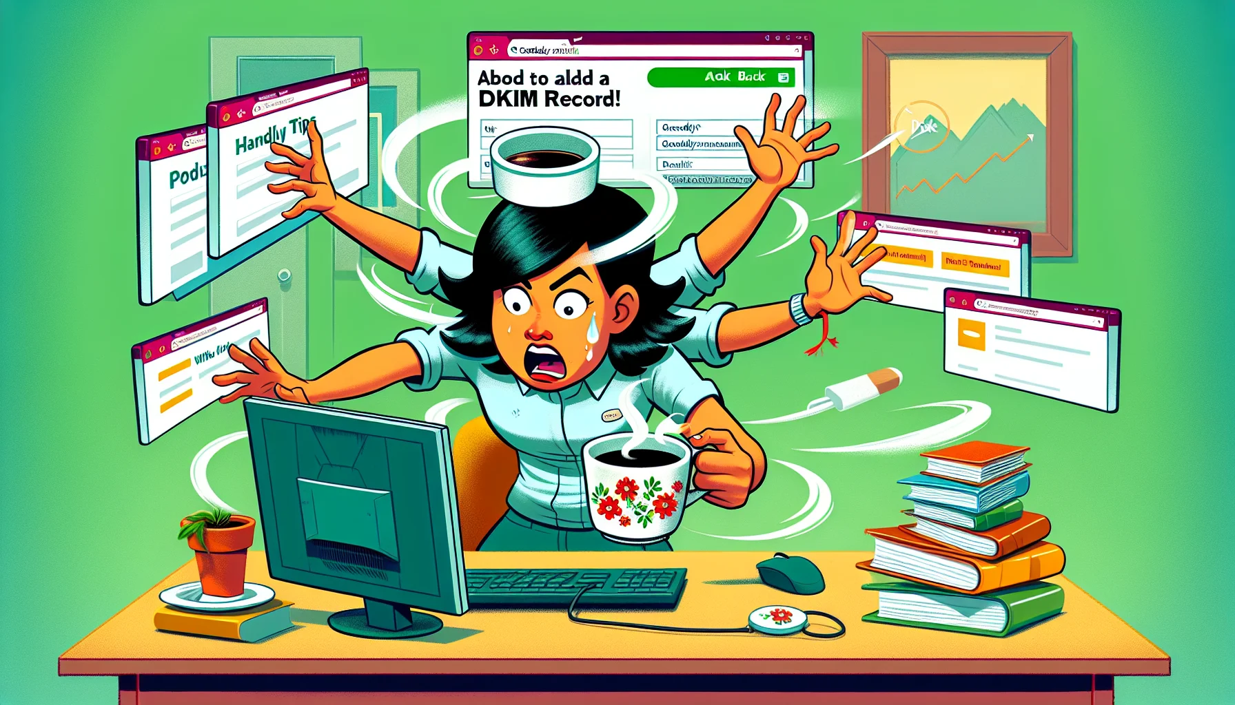 Depict a humorous scene set in a colorful office environment, with a visibly flustered Asian woman website administrator having multiple browser tabs open. She should be seen about to add a DKIM record via the GoDaddy web hosting interface on her computer screen, with 'handy tips and tutorials' pop-ups floating around her. A digital 'Back' button is playfully dancing out of her reach, while she also balances a cup of chai in her other hand, emphasizing the multitasking and chaotic nature of web management.