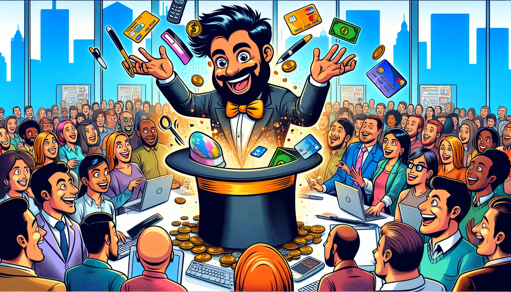 Create a comic-styled image of a whimsical, bustling office scene. In the center, illustrate a cheerful cartoon character who appears to be a blend of a tech wizard and a magician. The wizard is performing a captivating magical act where he pulls out credit cards, coins, mobile wallets, and other payment methods from a top hat with the logo of a popular web hosting company. The crowd around him, composed of a diverse group of people including a Middle-Eastern woman, a Black man, and a Caucasian man, all web developers, watches with wide-eyed amazement and laughter.