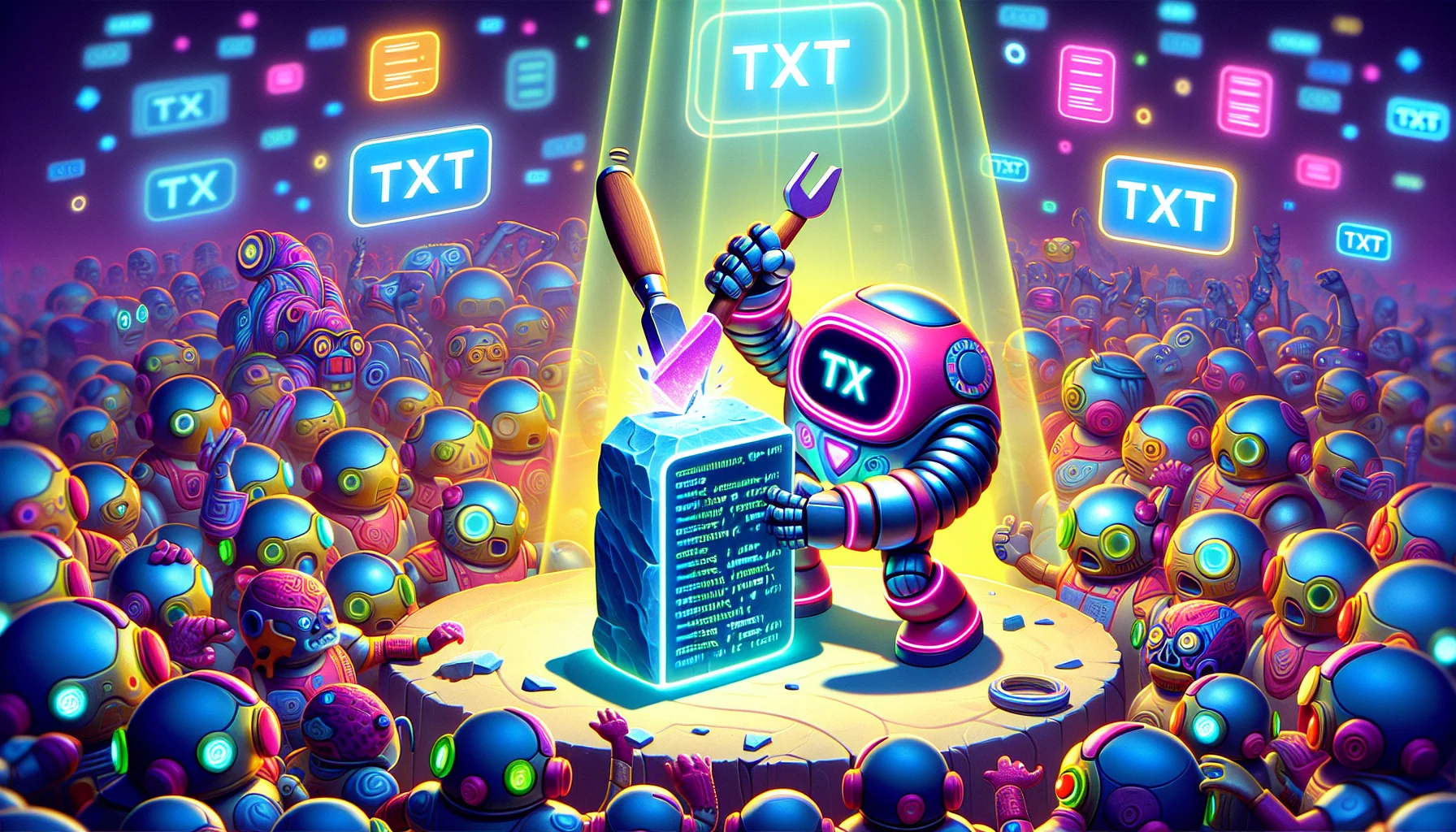 Generate a humorous and engaging image depicting the process of adding a TXT record on a web hosting platform. The scene could be set inside a lively virtual world, with anthropomorphic figures, perhaps as robots or fantastical creatures, ingeniously representing different components involved in the web hosting task in an exaggerated fashion. The central figure, a robot with bright neon coding symbols across its body, can be seen meticulously chiseling a shining 'TXT' onto a digital stone tablet, symbolizing the addition of a TXT record. The background is vibrant with other fantastical creatures cheering or observing in awe.