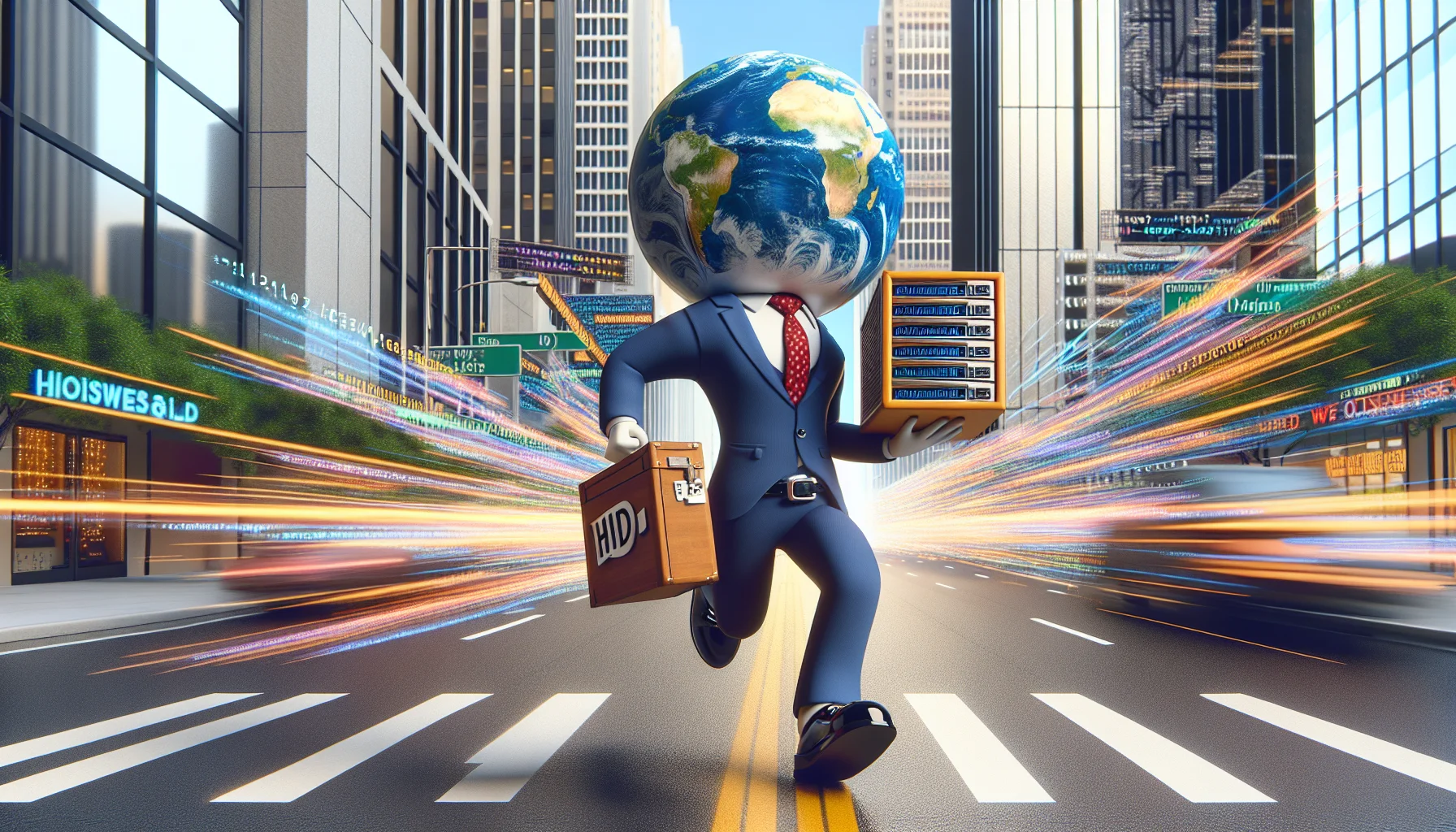 Create a humorous, realistic image depicting a scenario related to web hosting. Picture a domain registrar character, anthropomorphized to resemble a comedy figure in a business suit running in a race against time, surrounded by rushing digital data and code lines. He's carrying a box with the universe inside it which symbolizes the 'World Wide Web'. The setting can be a bustling city street, with buildings that are shaped like servers and named with popular web-services terminologies, subtly suggesting the world of hosting and domain registration. This scene should convey an enticing and funny story connected to web hosting backorders.