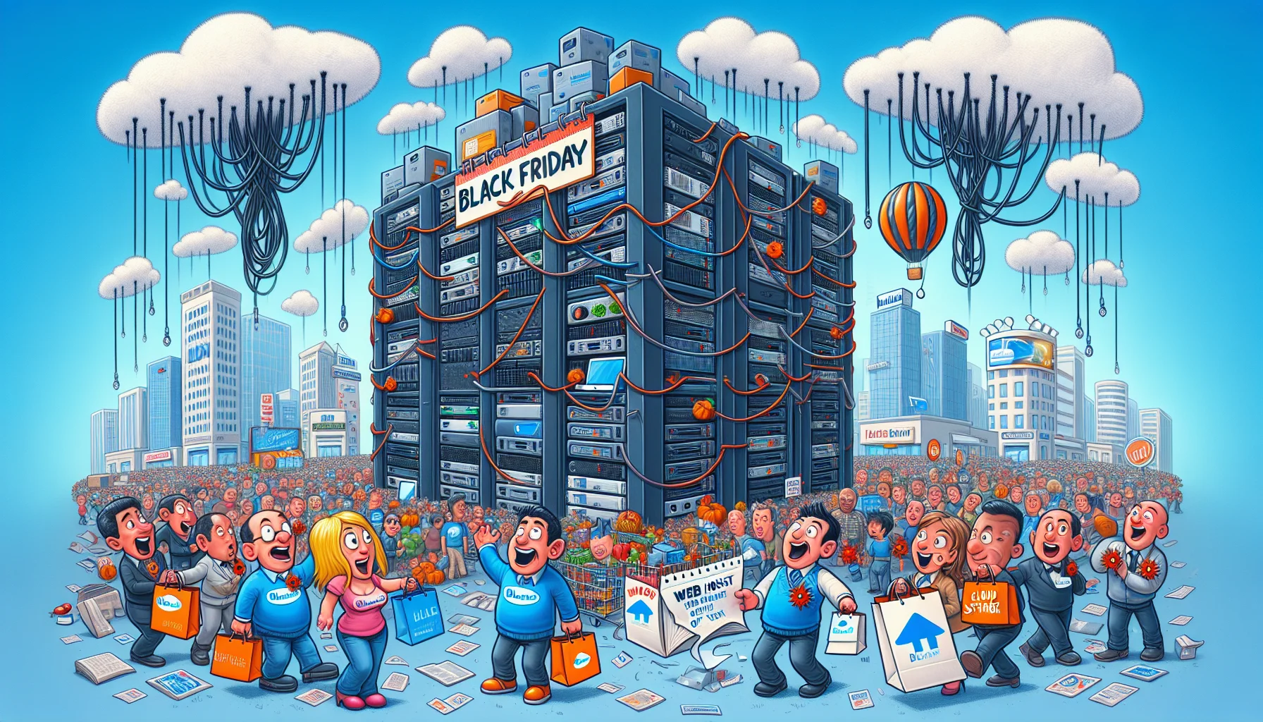 A humorous depiction of a Black Friday sale. A bustling virtual market is filled with symbolic representations of technical elements typical of web hosting. There are hardware racks stacked high like skyscrapers, dangling interweaving ethernet cables, and fluffy clouds labeled as 'cloud storage'. Just above, a giant calendar is torn to reveal the date as 'Black Friday'. Excited cartoon-style customer characters of various descents like Caucasian, Hispanic, Middle-Eastern, and Asian, each holding a giant shopping bag with the emblem of a blue-colored bird house, indicative of Bluehost. A huge banner across the scene says 'BlueHost, Web Hosting's Biggest Sale of the Year!
