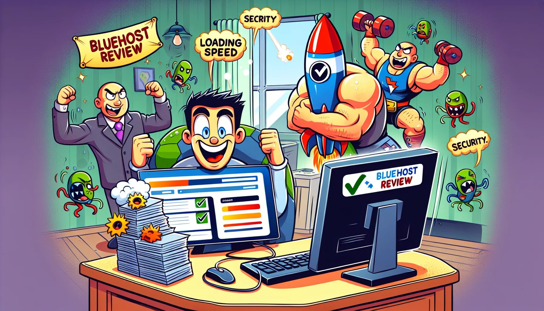 Illustrate a humorous situation that invites interest in web hosting. In the foreground, depict a cartoon-like character, who is overjoyed looking at his well-performing website on his computer in a homely setting. A big tick symbol and an approval stamp labelled 'Bluehost' can be seen on the computer screen. In the background, let's have comic elements such as a rocket labelled 'loading speed' flying past, a strongman effortlessly lifting weights labeled 'server strength', and a thick shield labelled 'security' warding off colorful, menacing viruses. A banner across the top reads 'Bluehost Review'.