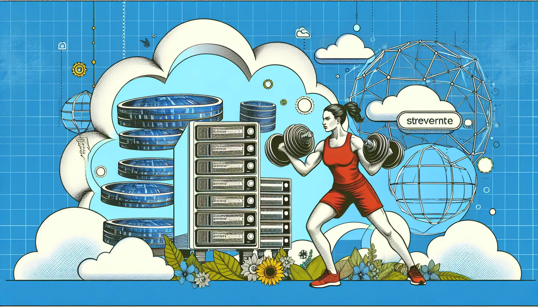 Create a detailed image showcasing a personal trainer-themed woman with a fitness physique impressively lifting incredibly large internet-related icons like a cloud server and website domain in a comic-like scenario with a witty caption, 'Flexing the Power of Web Hosting', portraying the fun and interesting aspects of web hosting services.