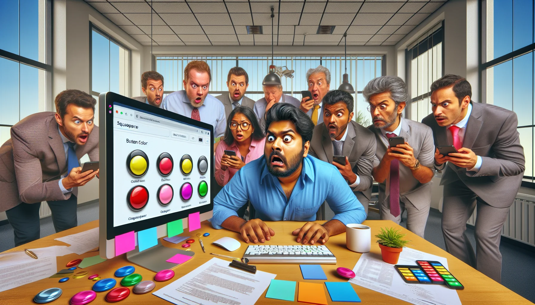 Create a detailed and humorous image showcasing the process of changing the button color in a Squarespace web hosting context. Set it in an office environment, where a bewildered South Asian male programmer is staring at his computer screen. On the screen is a graphical representation of a Squarespace website with large garishly colored buttons. The programmer's desk is cluttered with coffee cups, notes, and multiple handheld devices each showing different button colors. Around him, Hispanic and Middle-Eastern coworkers are looking on with amusement and curiosity, adding to the comic effect of the situation.