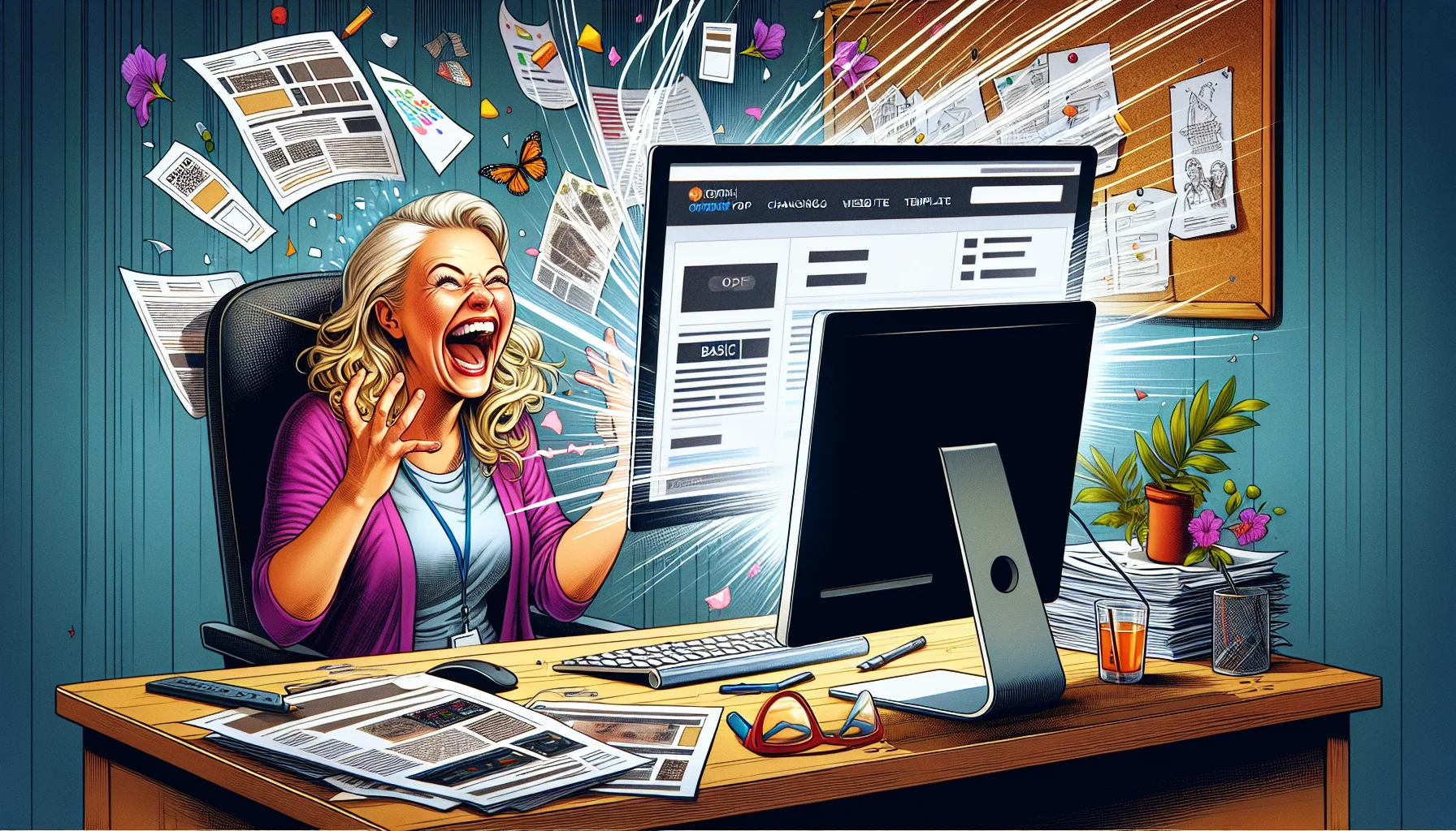 Imagine a humorous scene illustrating the concept of changing website templates in the context of web hosting. Picture a Caucasian woman, laughing joyously as she sits in front of a large computer screen. The screen displays a basic and dull template on one side, and on the other, a vibrant, attractive, and modern template suddenly popping out. The woman is in the process of dragging and dropping this latter template onto her existing website. Surrounding her desk, printouts of code and design ideas are strewn about, symbolizing her attempts to design a good site. This scene should realistically capture the excitement and joy that comes from successfully changing a website template and the comic relief it offers in a potentially stressful web hosting scenario.