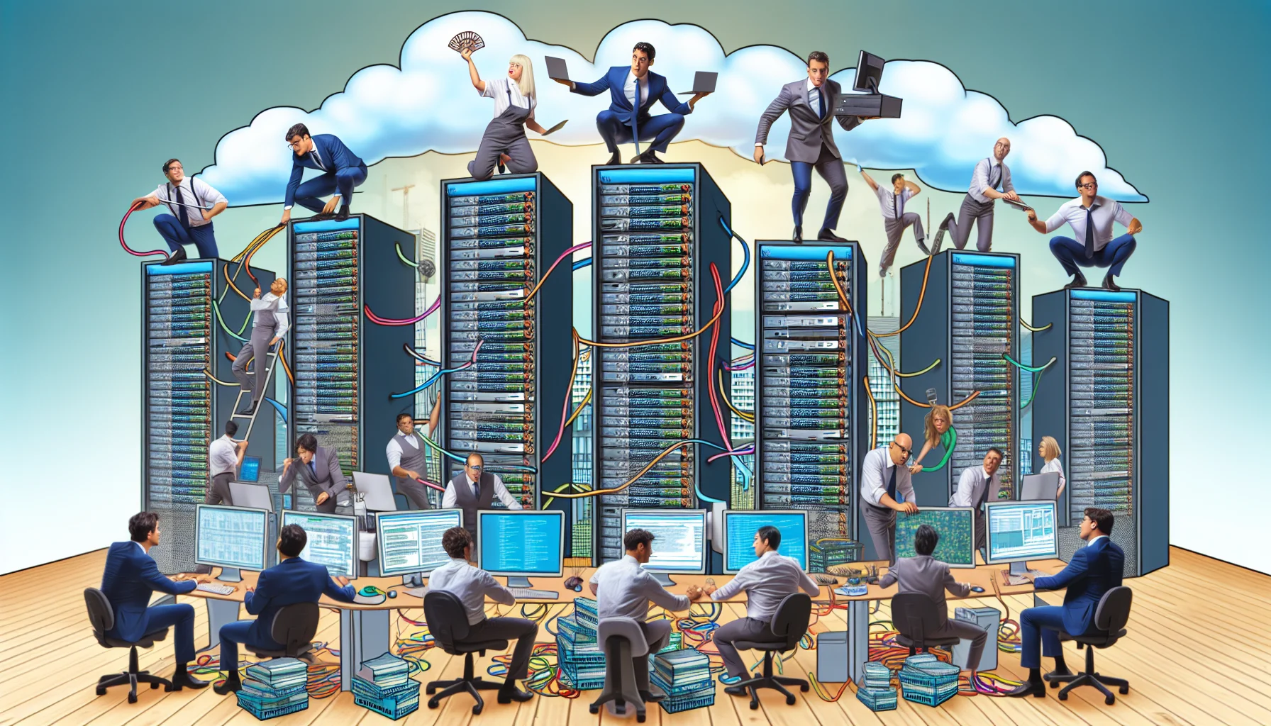 Create a humorous and enticing image depicting the concept of inexpensive dedicated server hosting. Set the scene in a whimsical office space where the servers are personified as hardworking people from a variety of descents including Caucasian, Asian, and Hispanic, diligently keeping up with the online traffic. The servers are manifested as towering figures showing the importance and capability of a dedicated hosting server. They are shown managing multiple tasks, like juggling web traffic and batting away cyber threats, all while multitasking effectively. Some of them are displaying amusingly exaggerated expressions of determination and concentration. The backdrop includes laughably oversized Ethernet cables and oversized, colorful network diagrams.