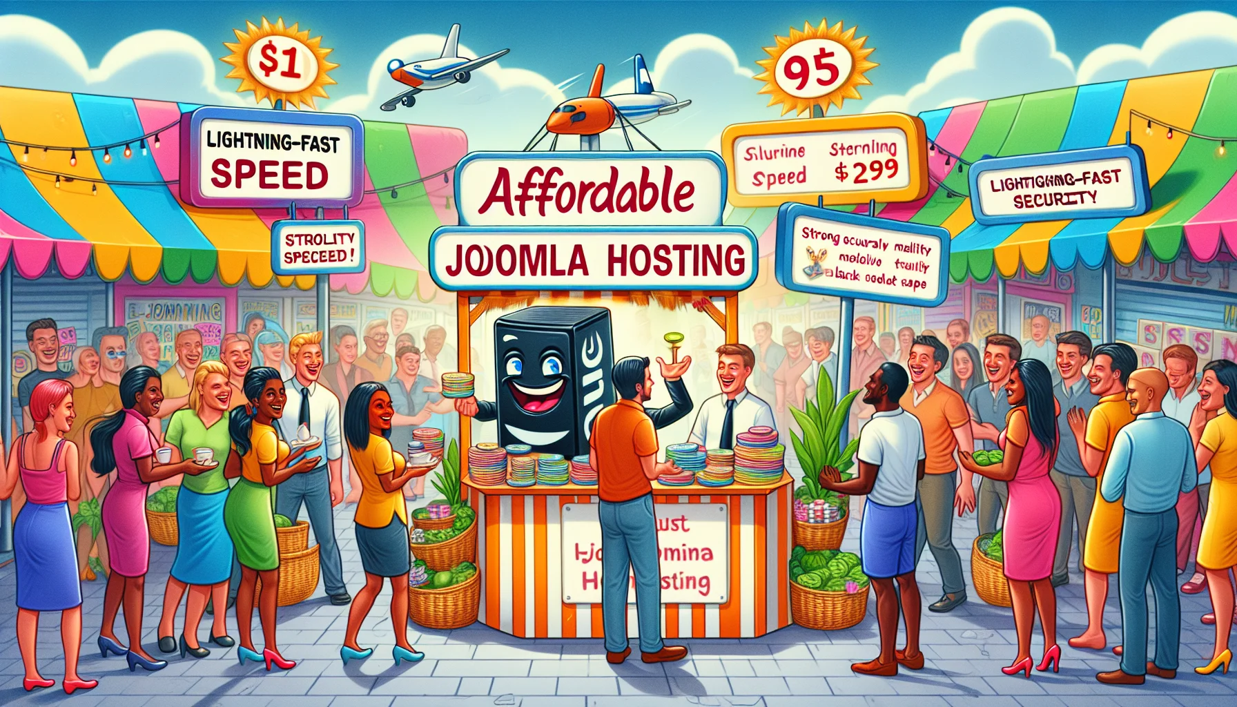 Create a vibrant and humorous image representing affordable Joomla hosting. The scene unfolds at a bustling digital marketplace. Vibrant stalls are adorned with signs boasting 'Cheap Joomla Hosting'. Eager customers, a mix of genders and descents such as Caucasian, Hispanic, South Asian, and Middle Eastern, are being welcomed by friendly salespeople of different genders and descents like Black and White. They are excitedly inspecting the stalls, comparing prices and features. A particularly comic touch could be a cartoonish depiction of a super-fast, smiling server offering 'lightning-fast speed', meanwhile a metaphorical representation of strong security could be a robust digital lock, chuckling while keeping harmful elements at bay. The overall atmosphere should reflect the irresistible allure of economical, quality Joomla web hosting.