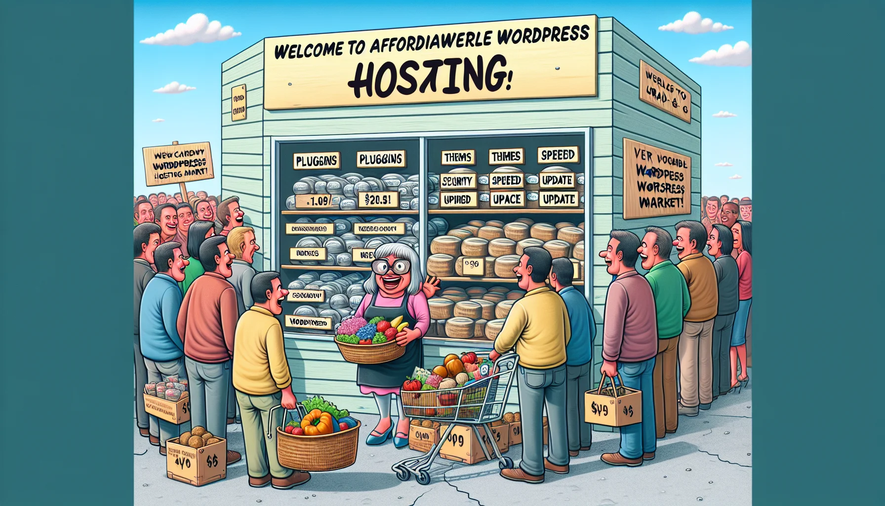 Generate a humorous and visually appealing image illustrating the concept of inexpensive WordPress hosting. The scene should depict a small grab-and-go grocery shop in which various goods labelled 'Plugins', 'Themes', 'Security', 'Speed', 'Update', and 'Backup' are being sold at very affordable prices. A web developer, a middle-aged Hispanic woman, is excitedly shopping with a basket full of these items all marked 'WordPress'. On the storefront, a sign reads 'Welcome to Affordable WordPress Hosting Market!'. A crowd, consisting of people of different genders and descents, waits in line, eager to enter. The spirit of the image should be lively and entertaining, whilst farcically drawing a parallel to the idea of purchasing web hosting services.