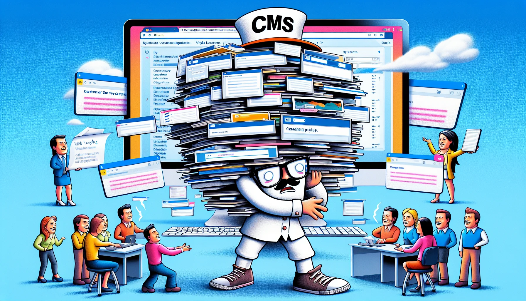 Generate an imaginative and realistic image of a humorous scenario involving a Content Management System. This comedic event takes place on a computer screen as represented within a colorful digital environment. Depict the CMS as an animated, anthropomorphized character being laden with a myriad of websites in its arms, struggling but trying to keep all of them from falling, embodying the 'load' of hosting multiple sites. The CMS character wears glasses and a hat that says 'CMS'. Nearby, customer service characters, represented by various avatars of diverse descents and genders, happily offer 'web hosting plans' to it, with menus, adding to the fun and complexity.