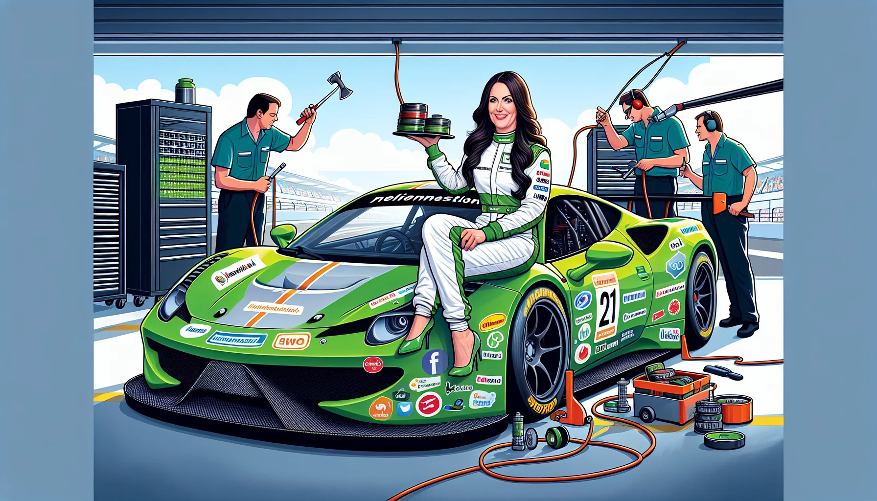 Create a detailed and humorous image presenting an experienced female race car driver known for her ties to a notable web hosting company. She's seated in her signature green sports car, adorned with various internet and tech-themed stickers. The situation involves a clever play on web hosting, perhaps the car pit-stop being transformed into a 'data center' with mechanics executing operations like 'site optimization', 'server configuration' and 'database backups'.