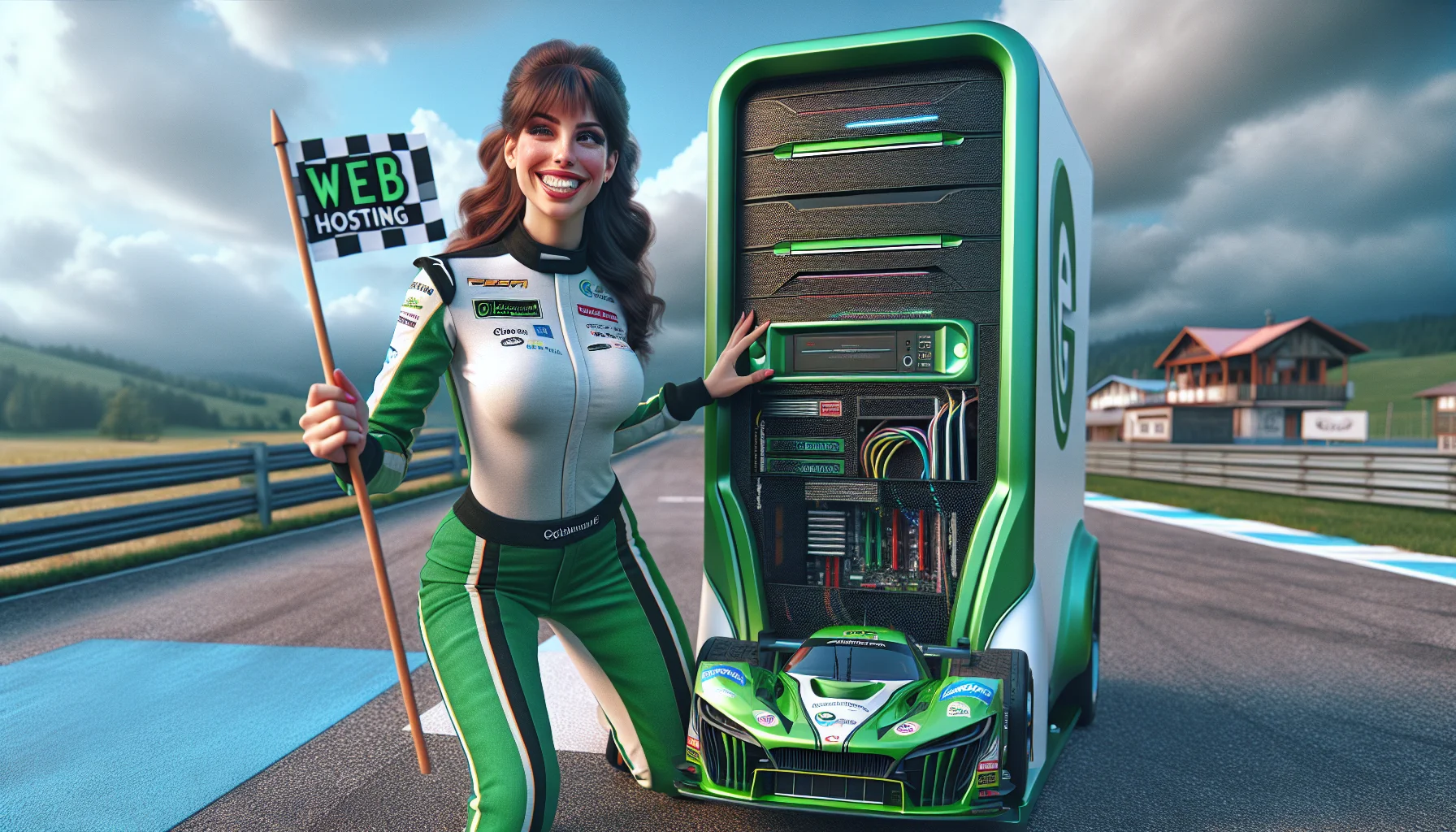 Create a realistic image of a female professional car racing driver, who has brunette hair, standing next to a giant, comical computer tower that is almost as big as she is. The computer tower is customised to look like a fast, green race car. She grins playfully and holds a flag that says 'Web Hosting'. She's wearing her racing suit which is also green and has clever subtle designs that suggest speed and digital concepts. The setting is a racing track and the sky is a clear blue adding to the whimsical scene.