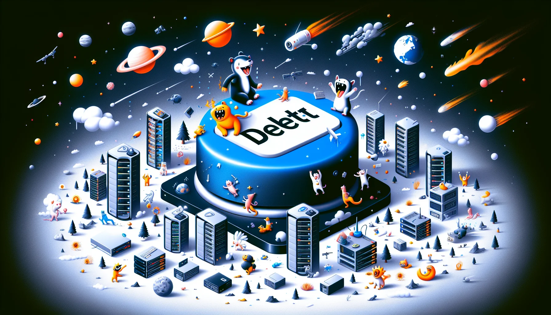 Create a humorous yet alluring image, emphasizing a fanciful perspective of the universe of web hosting. It captures the concept of a 'domain deletion', but not related to any particular brand or company. In the center is an oversized, cartoonish 'delete' button. Tech-savvy anthropomorphized animals are laughing and cavorting around it, clearly expressing the light-hearted atmosphere. Various mini buildings representing server racks and computers spread around, symbolizing the web hosting domain. Planets, stars, and comets revolve around this scene, hinting at the 'universal' coverage of web hosting.