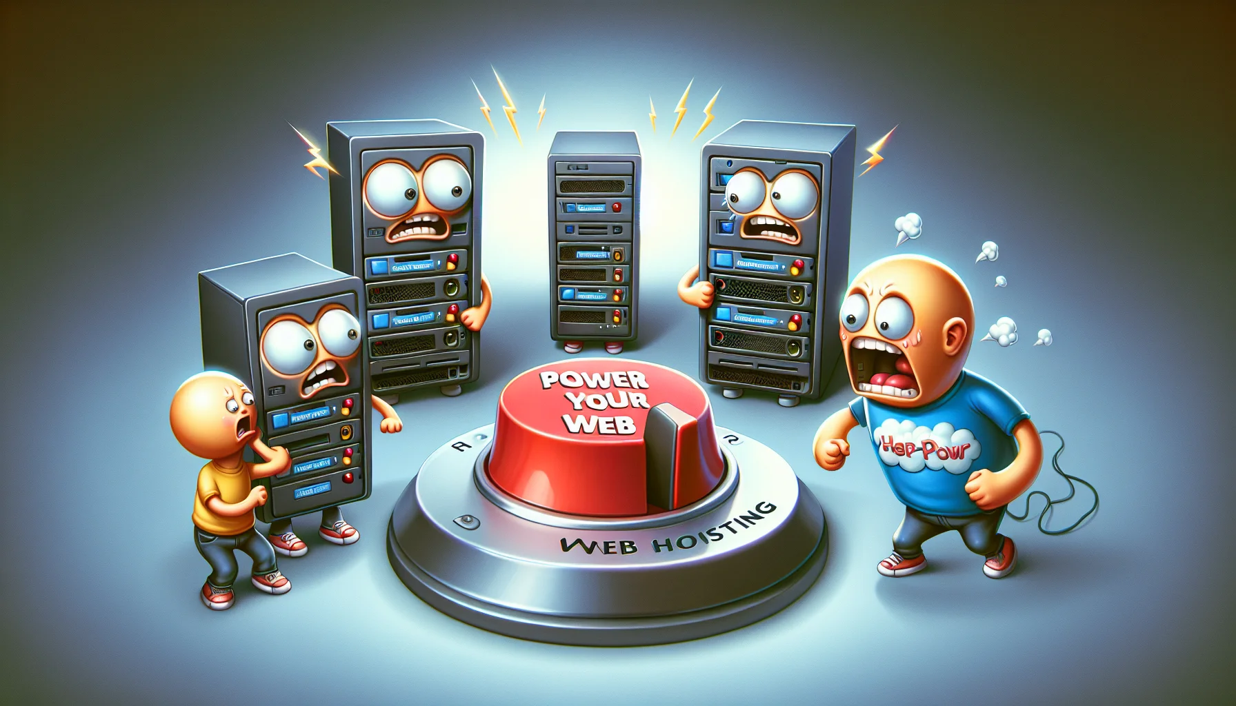 Create a humorous and realistic image showcasing web hosting in action. There should be three anthropomorphic computers, each with a different comical expression on their faces. In the center, a giant switch button with the words 'power your web' inscribed on it is present. One computer is nervously pushing the button, another seems excited and the third one appears slightly confused. These computers symbolically represent various aspects of web hosting. Strive to generate a scene that compels curiosity and laughter.