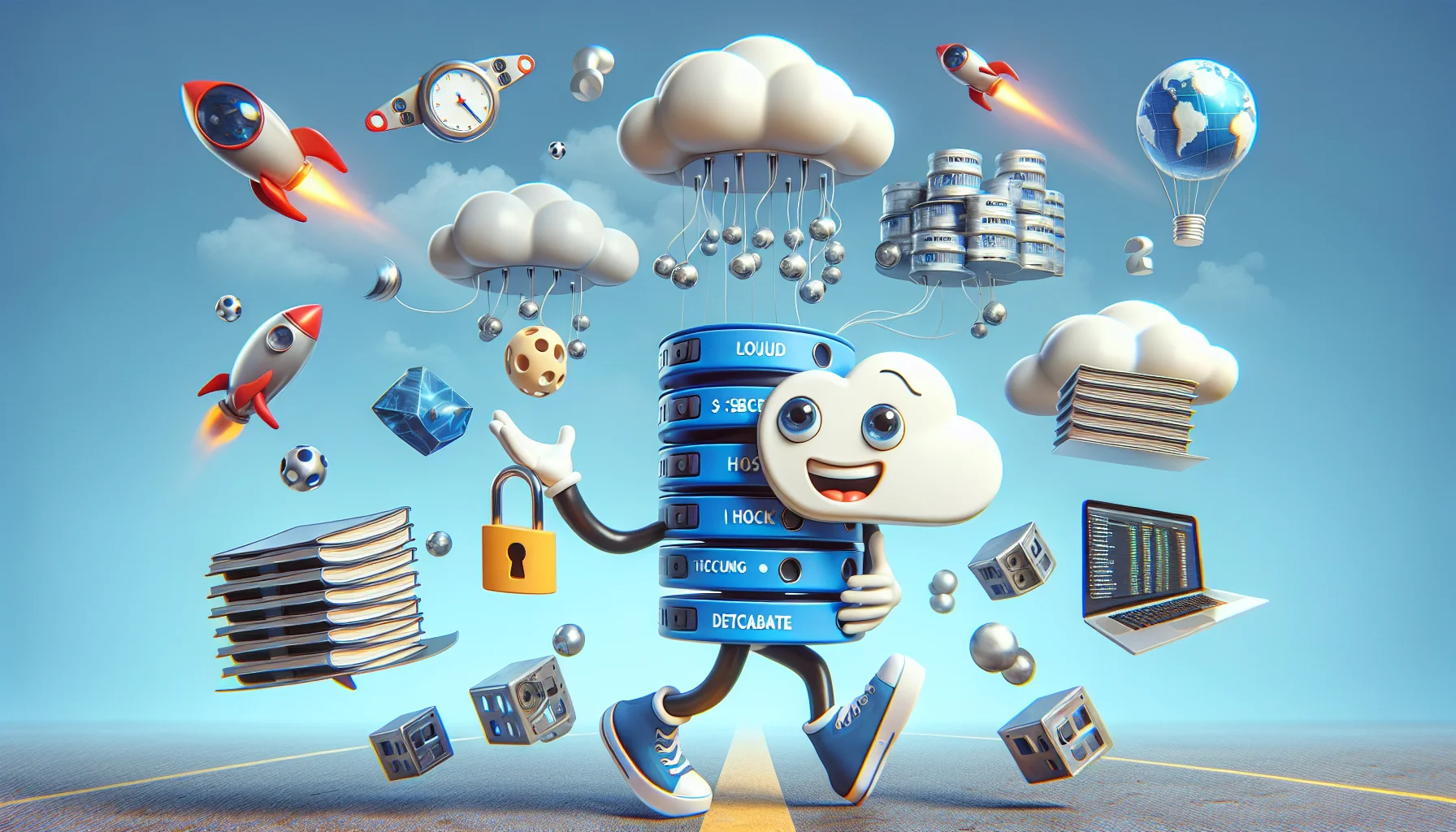 Create a humorous scene depicting a generic brand of web hosting services, in a realistic style. Perhaps the service logo, portrayed as a living character, is busy juggling numerous elements symbolic of web hosting features, like a floating cloud, a secure lock, a lightning-fast spaceship and a heavy database folder. The twist in the scene could be that the character manages to balance them all proficiently while standing on one leg, providing a playful visual metaphor for efficient, multitasking web hosting.