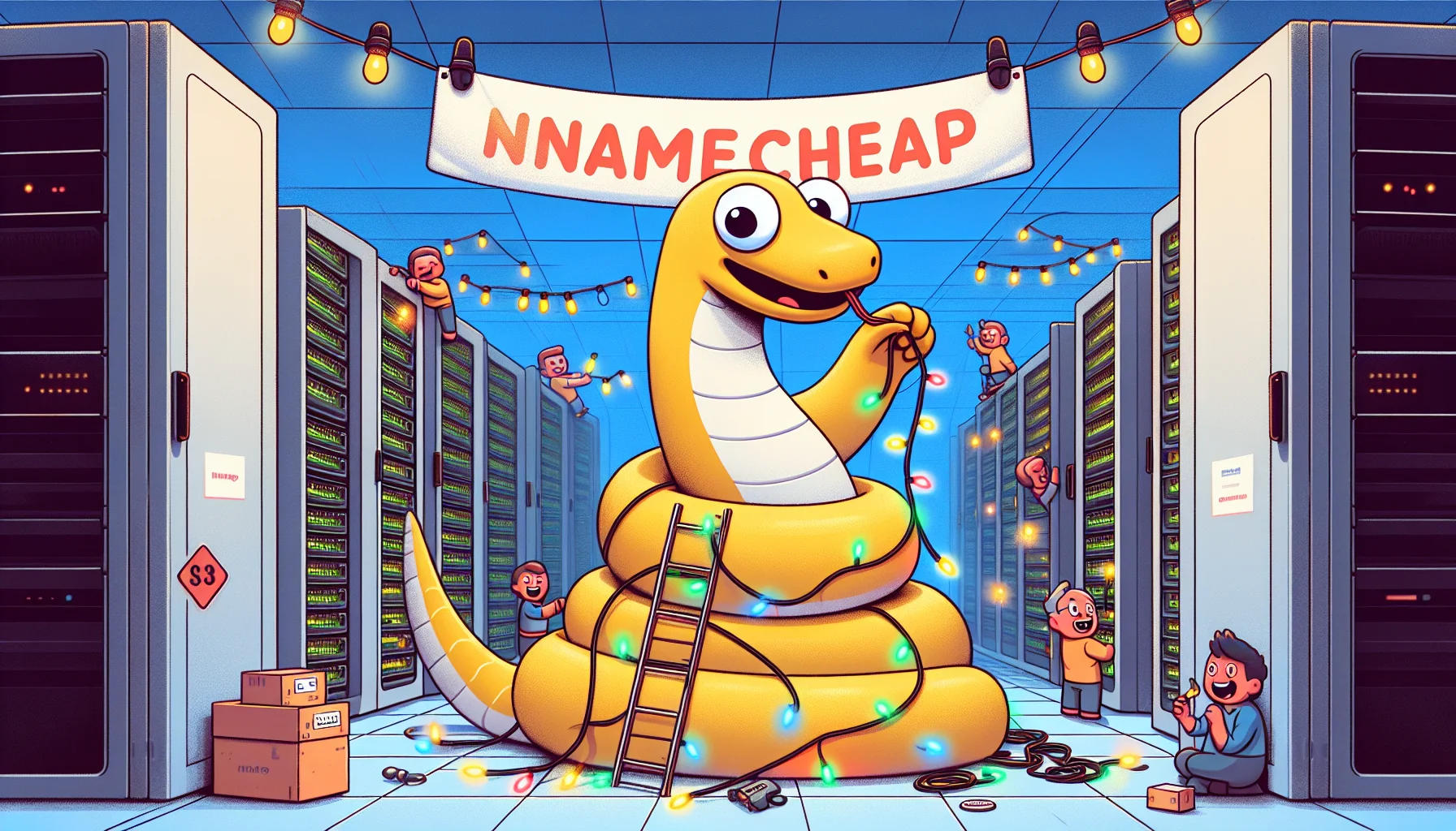 Create a humorous and realistic visual representation of an anthropomorphic version of Django, depicted as a python slithering its way through servers in a data center. The Python is stringing lights around the server stacks, making them look like a festive Christmas tree, implying the ease of web hosting setup. A banner hanging overhead, playfully reading 'Namecheap', underscores the affordability of the services. The surrounding scenes depict excited humans of various descents and genders engaged in tasls related to web development.