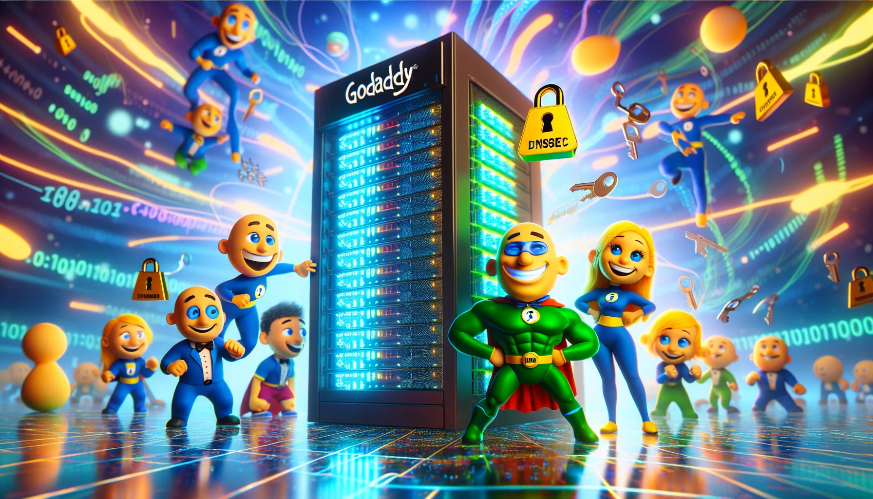 Imagine an amusing scene set in a virtual world. A tall server rack glimmers with blue and green lights, symbolizing GoDaddy web hosting. Around it, fun-loving characters embodying security protocols, with the lead character representing DNSSEC, use superhero-like abilities to protect the server. DNSSEC, with digital keys glowing, locks down data with a grin. The backdrop is a vivacious display of streaming data, transforming codes, and swirling pixels. This whimsical representation should underscore the importance of secure web hosting, making it enticing.