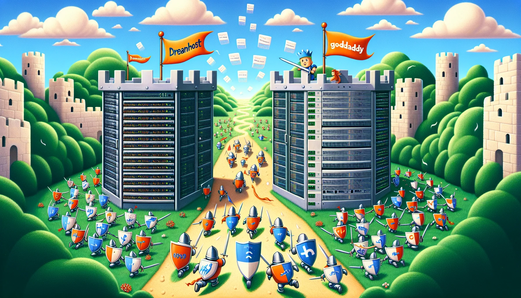 Generate a whimsical picture symbolizing a friendly competition between two web hosting entities. Picture this: a giant server rack in the shape of a medieval castle tagged with a flag reading 'DreamHost', standing on one side of a lush, digital landscape. On the other side, another server castle branded 'GoDaddy'. Between them, a race of data packets, depicted as tiny knights, are scurrying back and forth, carrying shields emblazoned with various web icons. Above them, a sky filled with code snippets float like clouds. This image portrays their rivalry in a light, comical, and visually captivating manner.