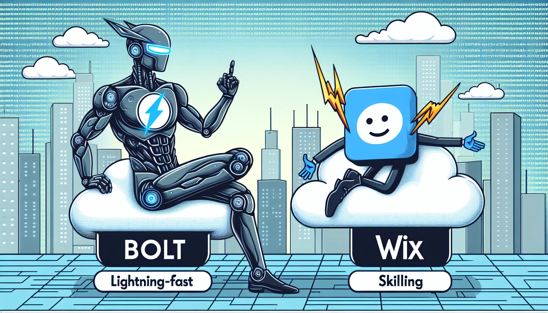 Create a humorous scene depicting the friendly rivalry between two abstract web hosting platforms. The left side presents a lightning-fast, efficient, and skilled platform, demonstrated by a sleek, futuristic robot with a 'bolt' logo emblem. This represents 'Editor X'. On the right side, there is the competitor, relaxing on a cloud which stands for the platform 'Wix', depicted as a charismatic and charming, yet slightly clumsy, robot with a 'W' logo. The scene is set in the digital realm, which may appear as a city skyline made of code, to better signify the web hosting theme.