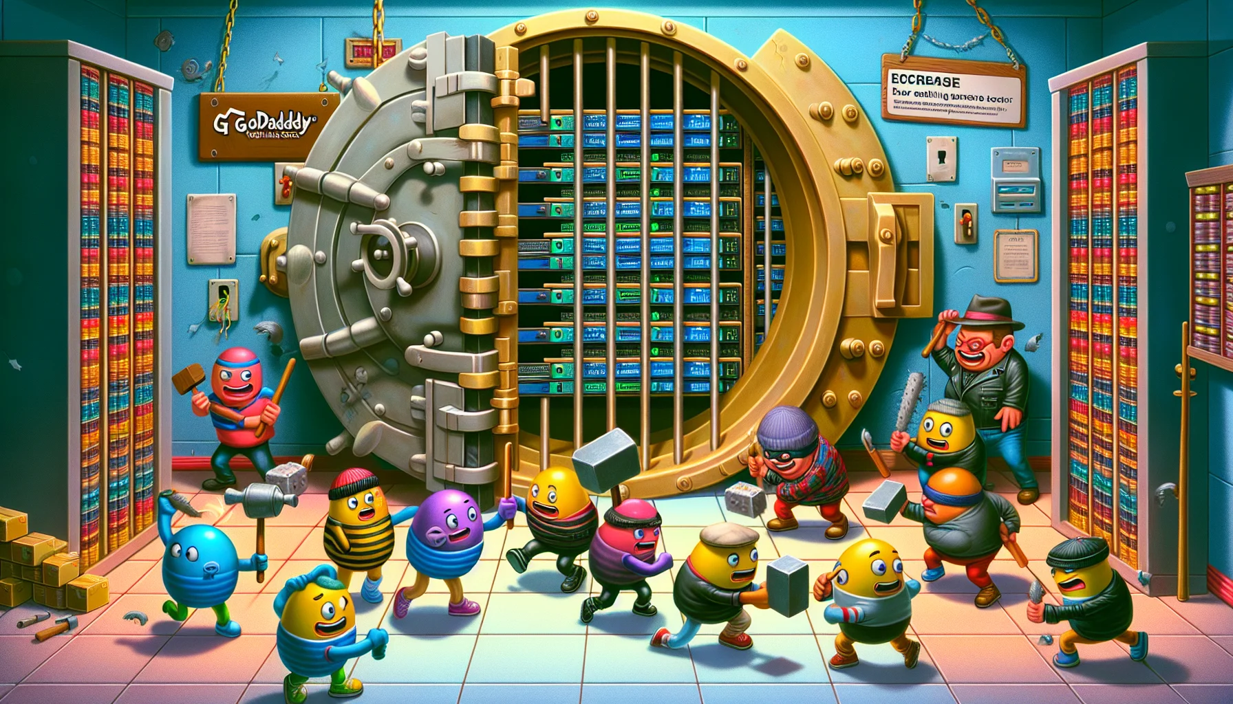 A colorful scene set within the inside of a whimsical computer server room. A database represented as a cartoon structure resembling a classic bank vault refuses to open its massive locked door. Various cartoon characters representing data packets rush toward the door but bounce back humorously. Some data packets are seen holding battering rams or lock-picking tools, some are even dressed like thieves, all displaying funny expressions of frustration and confusion. There's a signpost next to the vault displaying 'GoDaddy Web Hosting Service'. The atmosphere should be light-hearted and funny, definitely not technical or too intimidating, yet subtly suggesting the issue of error establishing a database connection.