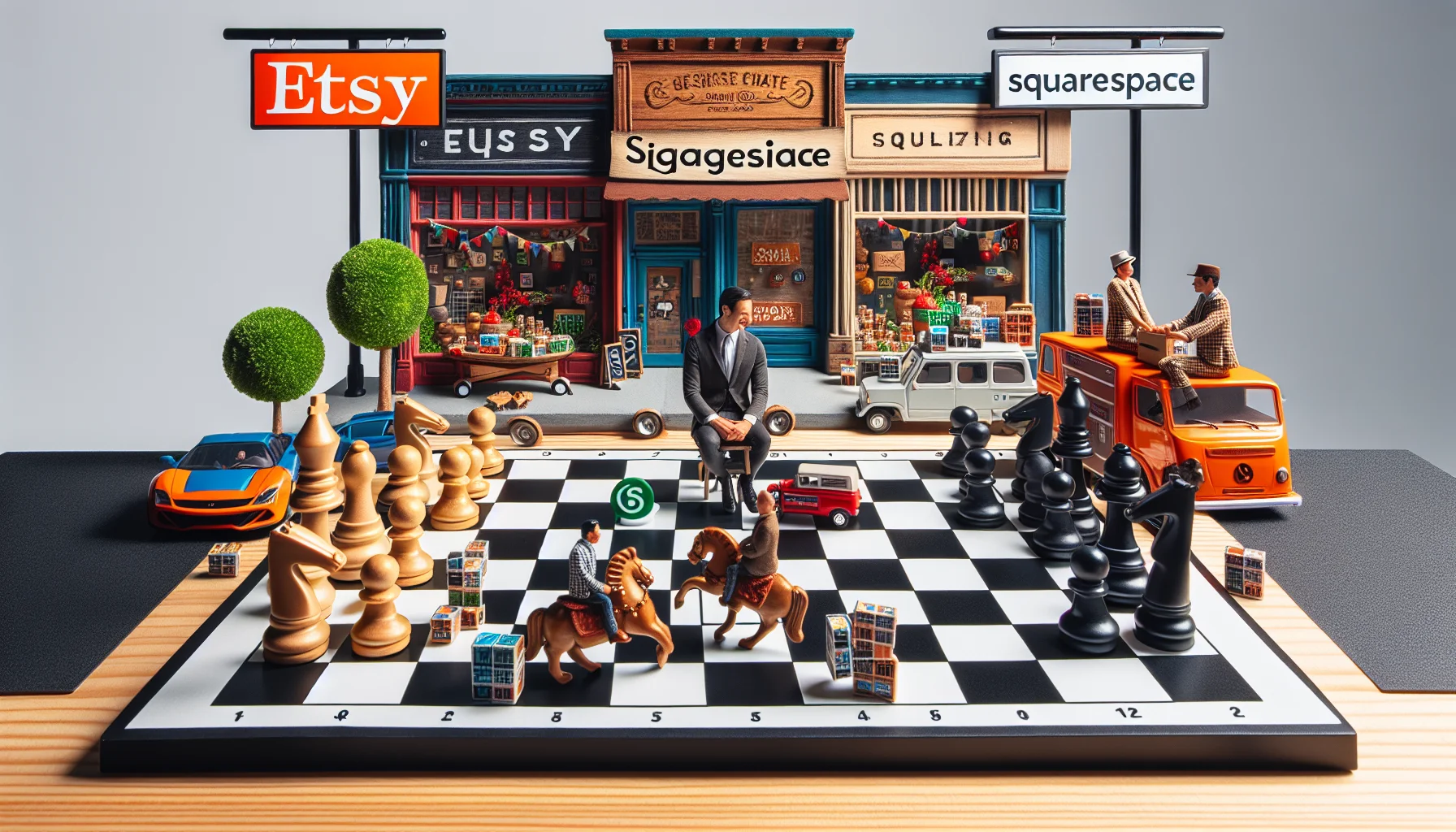 Create a humorous yet realistic scenario where Etsy, represented as a vintage, rustic, and bespoke boutique store filled with handmade items, is engaged in a playful competition with Squarespace, depicted as a sleek, modernistic, and sophisticated digital agency. They're participating in an engaging competition of web hosting, visualized as a friendly but intense chess match where each playing piece is subtly indicative of web-design elements like domains, templates, and web-building tools. The setting is in a lively tech town and the mood is playful.