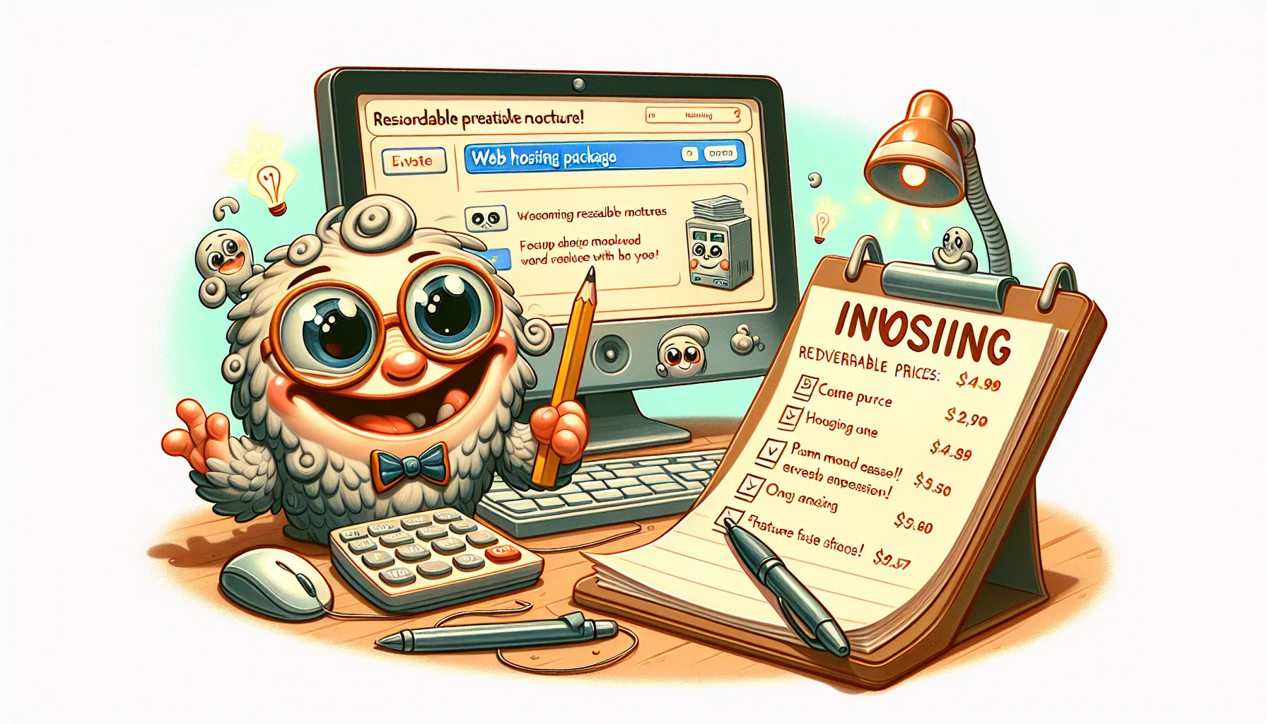 Create a humorous scenario depicting a whimsical character interacting with a notepad, pen, and computer. The notepad is titled 'Invoicing' and the character appears to be delightfully surprised by the reasonable prices on the screen, showcasing an appealing web hosting package. The computer is displaying the charming and intuitive user interface, embodying the ease of use, and the notepad contains few lists of features being offered with the package, which all adds a dose of humor and upbeat tone to the scene.