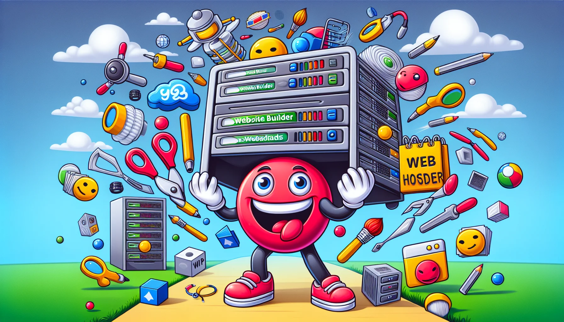 Create a colorful and humorous image of a generic website builder logo, not specifically tied to any particular company, placed in a fun and surprising situation. The scenario suggests a web hosting service, showing the logo happily juggling user-friendly tools like servers, databases, widgets, and various web design elements. The entire scene is presented in a stylish and playful way, blending the peculiarities of the digital world with traditional comedy elements to offer an enticing reflection on web hosting services.