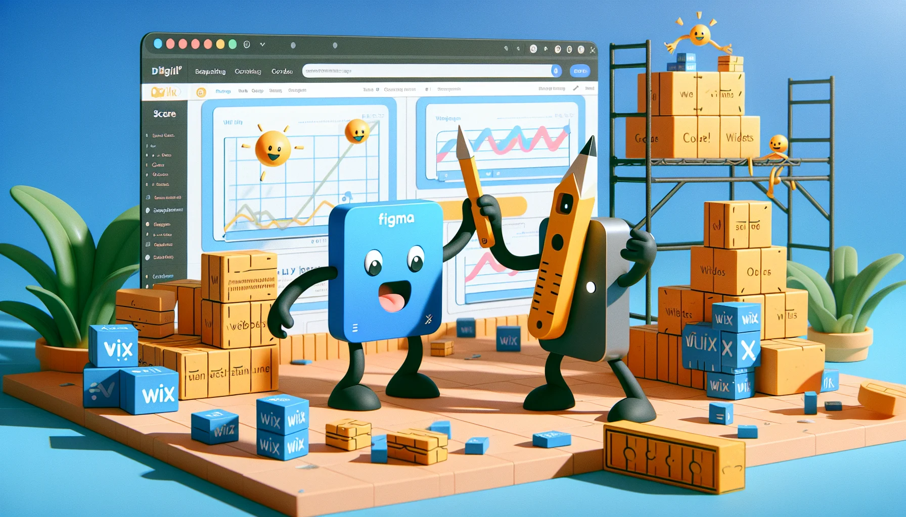 Visualize an amusing scenario where we see symbolized characters representing two digital tools - Figma, depicted as a flexible sketchpad, and Wix, appearing as a sturdy construction toolkit. They are engaged in a friendly competition on a website construction site. Around them, blocks of codes acting like bricks and widgets serve as the construction materials. A scoreboard in the background keeps tally dynamically on a website with appealing web hosting options, attracting visitors with humorous pop-ups and banners. The overall setting is light-hearted and enticing, inviting to web hosting.