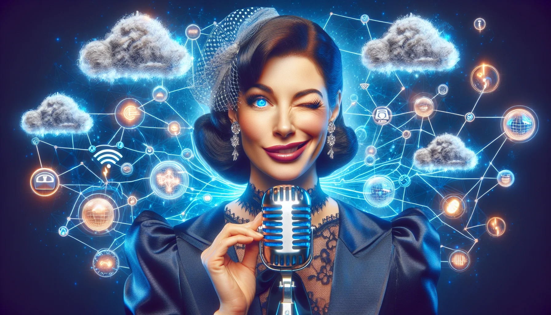 Create a realistic image portraying a woman with elegant features and a charming smile, not based on any real person, in a humorous scenario promoting web hosting. She's surrounded by visual metaphors for the internet, such as cloud symbols, connected nodes, and streams of data, all shimmering in electric blue light. She's holding a gigantic, vintage microphone as if in a classic radio broadcast situation. There's a comical, oversized 'ON AIR' sign behind her, while she is blinking an eye and making a devilishly smart sales pitch.