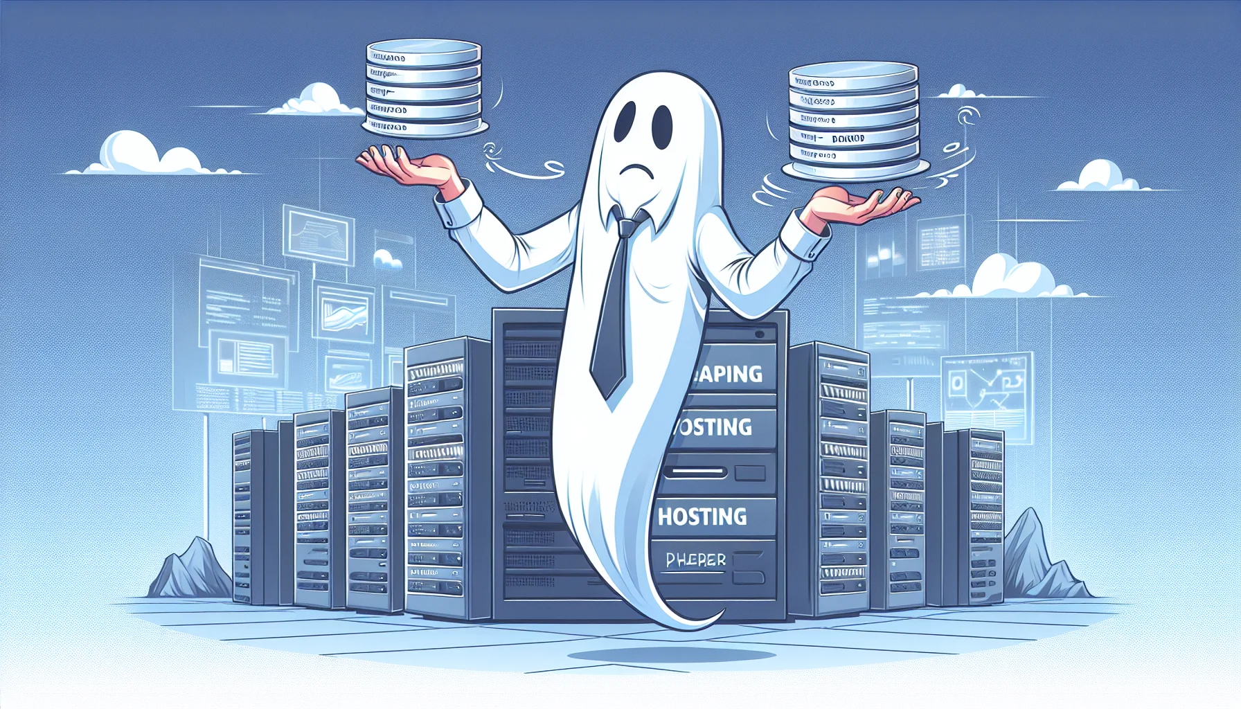 Create an image featuring a humorous portrayal of a phantom entity symbolizing an affordable web hosting service. The entity could have a comic spin, such as trying to juggle multiple web pages, servers, and databases, indicating the hosting capabilities. The background should hint towards a digital landscape, with representation of clouds and server racks subtly included. This lighthearted scene is meant to evoke the sense of reliable, yet enjoyable web hosting services. The specter should emanate an inviting aura to denote the enticing aspect of the hosting service.