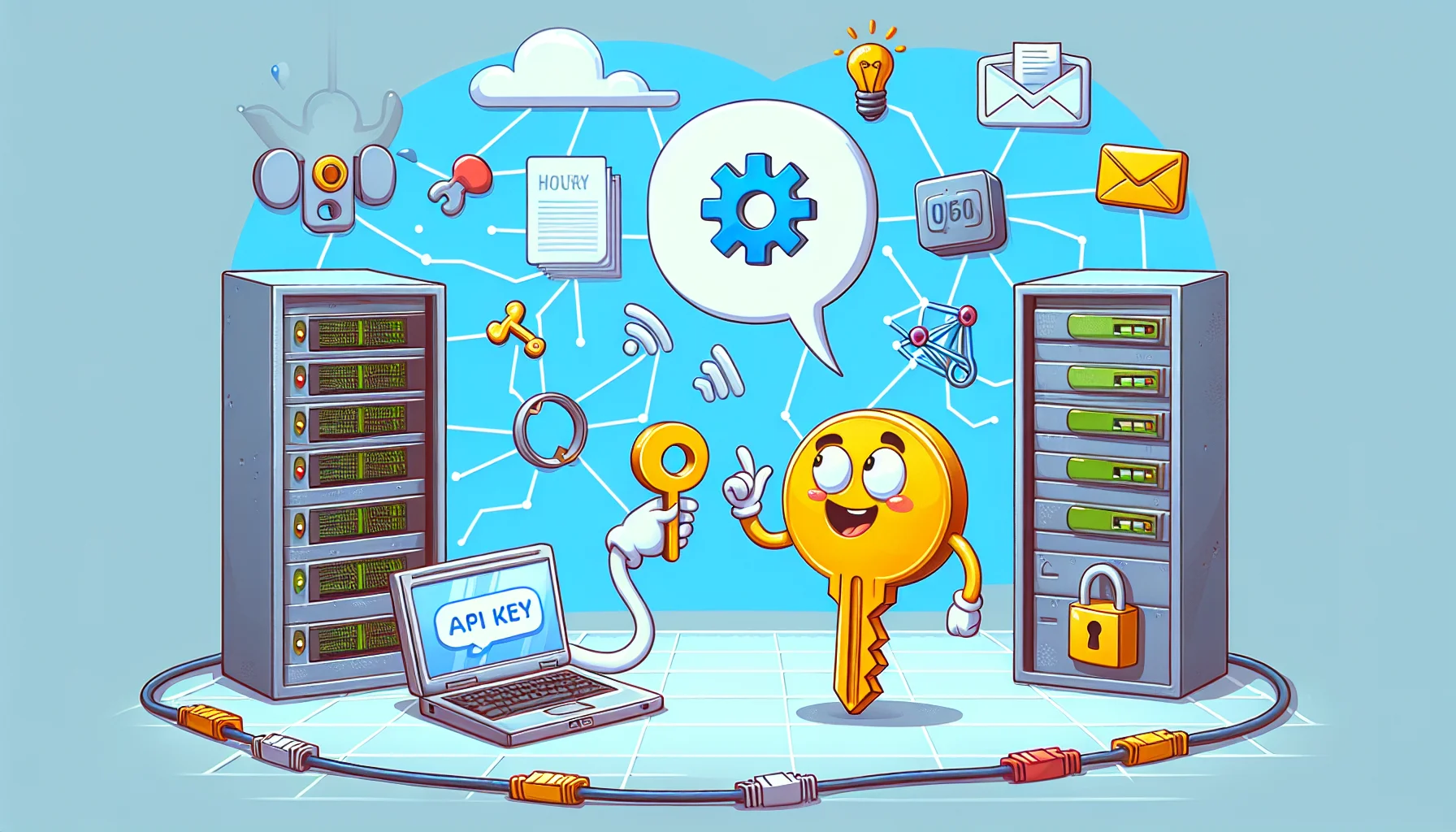 Create an amusing scene related to web hosting. Picture a lighthearted moment where an animated, anthropomorphic key, which is a representative for an API key, is engaging in a playful conversation with a cartoon laptop. They are surrounded by symbols of technology and web hosting - server racks, Ethernet cables, and browser icons. Additionally, include a speech bubble coming from the key, saying 'Only you have the power to unlock unlimited possibilities on the web!' to underline the vital role of API key in web hosting in a humorous way. No specific brand references should be depicted.