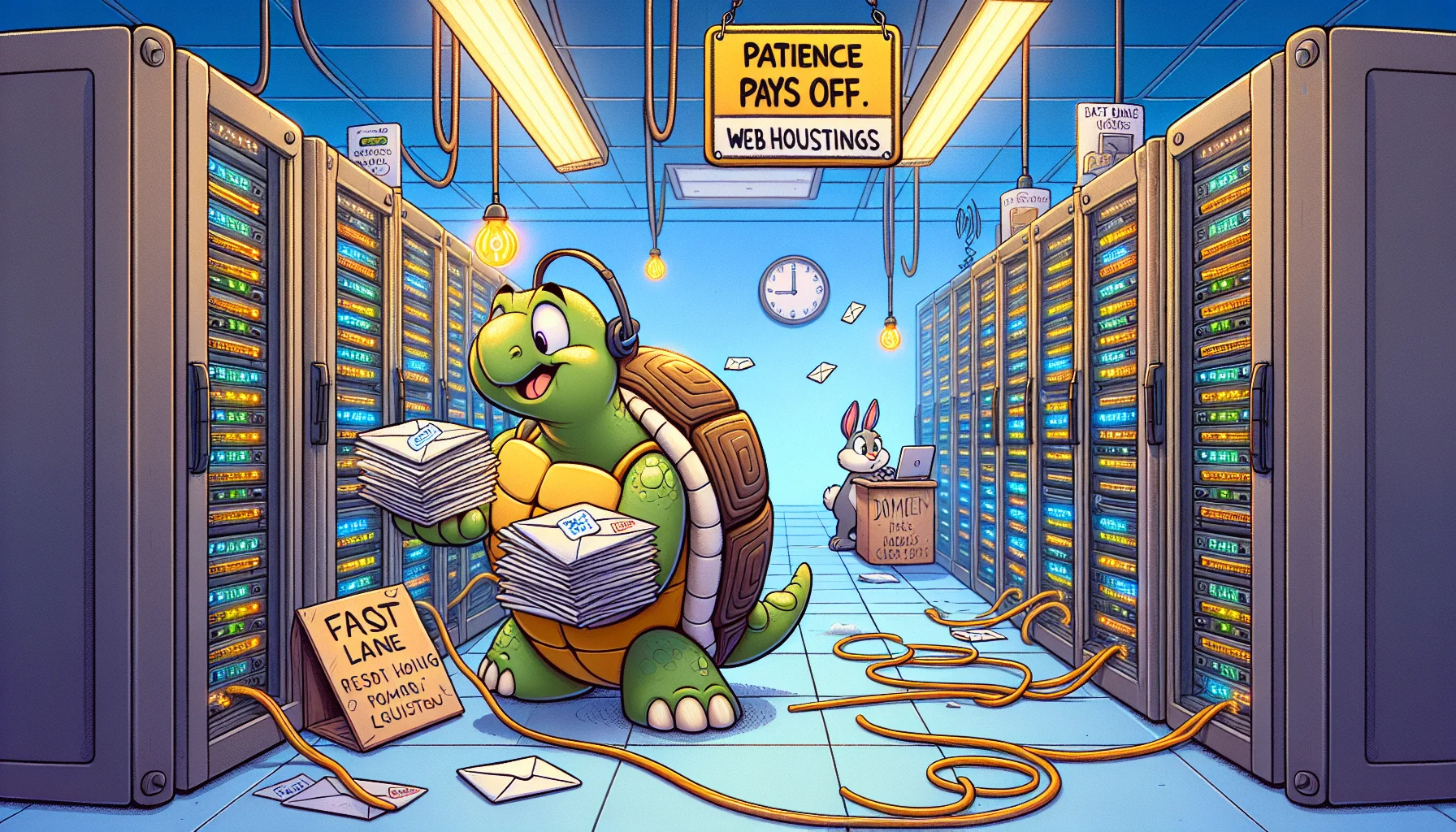 Create a humorous and enticing image displaying the concept of a backorder in a web hosting context. To illustrate this, imagine an old-school server room filled with rack mounts, blinking lights, and flowing cables. In this scene, a friendly anthropomorphic cartoon-style tortoise with a comically oversized headset is attending to the servers, signifying the 'backorder'. The tortoise is seen handling envelope labelled 'Domain Requests', juggling them clumsily. A sign overhead reads 'Patience Pays Off: Web Hosting Queues'. Next to the tortoise, a rabbit with a coffee mug is arranging 'Fast Lane Web Hosting' signages. The scene should stimulate the narrative of the classic tortise and hare adventure in the tech hosting world.