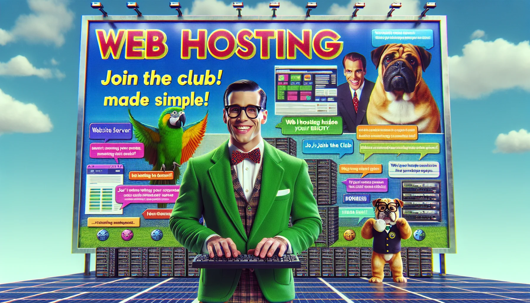 Generate a humorous scene regarding web hosting which portrays an imaginary brand set in a TV commercial environment. Envision a charismatic spokesperson with a radiant smile, wearing a bright green blazer standing against a huge, colorful billboard with catchy phrases like 'Join the Club!' and 'Web Hosting Made Simple!' The backdrop should include website templates, clustered server images, and floating domain names. Features such as a comedic parrot mimicking internet jargon, and a friendly bulldog mascot wearing glasses and a bow tie who's trying to type on a large keyboard, can be added for added humor.
