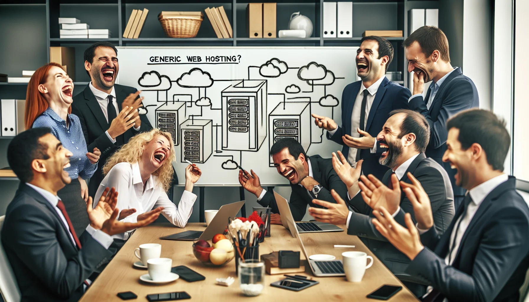 Create a humorous and relatable scenario in an office setting where generic web hosting employees are having a lively conversation. They are all laughing, gesturing towards a whiteboard with complex cloud architecture diagrams. The room is filled with technological gadgets and coffee mugs, creating a casual yet professional ambiance. Make sure the image depicts a multinational, gender-diverse team of IT professionals, and the comedy element could be found in unexpected infrastructure solutions they are proposing.