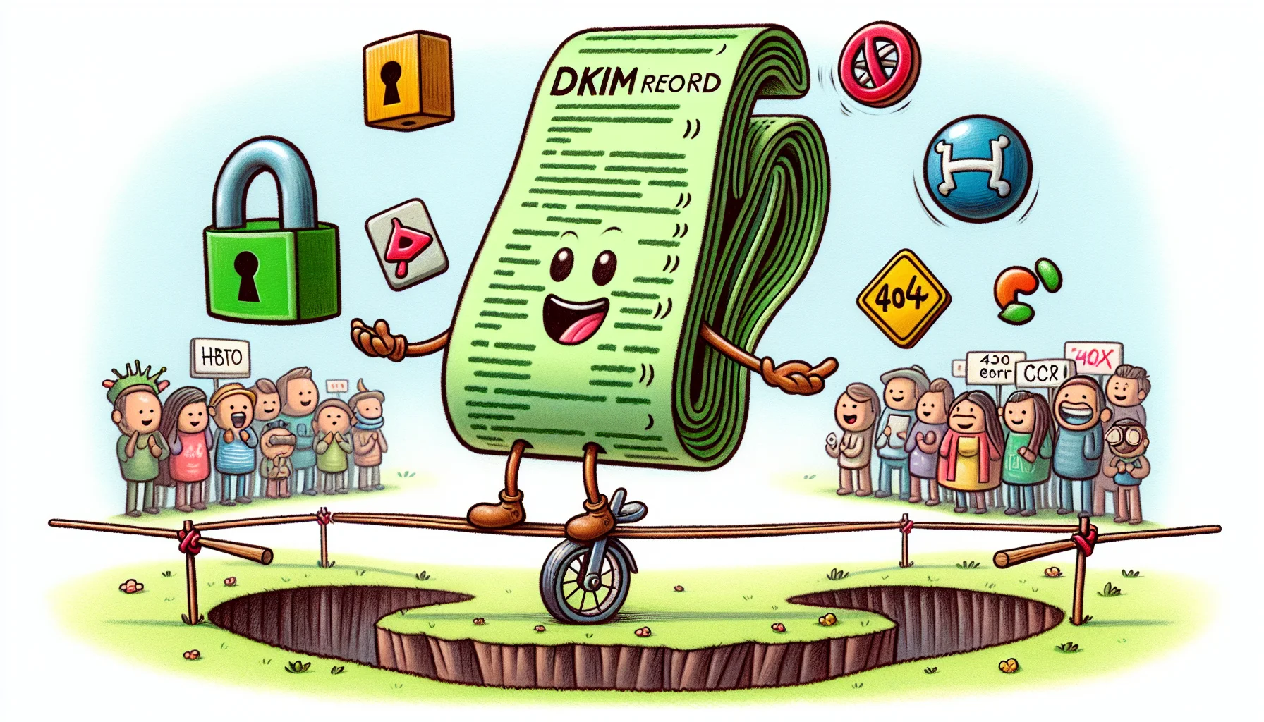 Imagine a humorous scenario related to web hosting. The main star of this setup is a sentient DKIM record, manifested as a lengthy scroll with complex inscriptions, from a website hosting company. The DKIM record is portrayed as a whimsical character with a cheeky smile, balancing an oversized green lock, symbolizing security, on its head. It is juggling symbols for various web technologies, such as HTML, CSS, and JavaScript emblems, while riding a unicycle on a tightrope above a pit of '404 error' chasms. The kicker is a crowd of charming, cartoonish web developers watching with amusement and cheering on the performance.