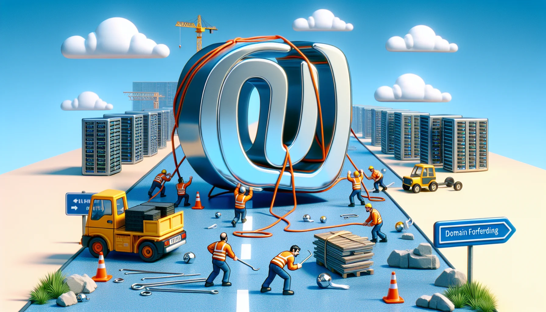 Imagine a humorous scene related to the realm of web hosting to depict a scenario where domain forwarding isn't working as planned. The scene might consist of a virtual construction team on a digital road. In the foreground, there's a symbol, the Internet URL, which they were supposed to forward. It's physically represented as a large, tangible chunk of metal. The workers could be cartoonish characters, visibly baffled as they try to heave and push the enormous URL, come up with ways to move it. Hints in the image could suggest that it's taking them longer than expected, illustrating the outage time in a comic manner. Add imagery that hints at web hosting environment, like cloud servers or data centers in the background, subtly implying towards the industry. Please remember this should not feature any specific brands or logo.