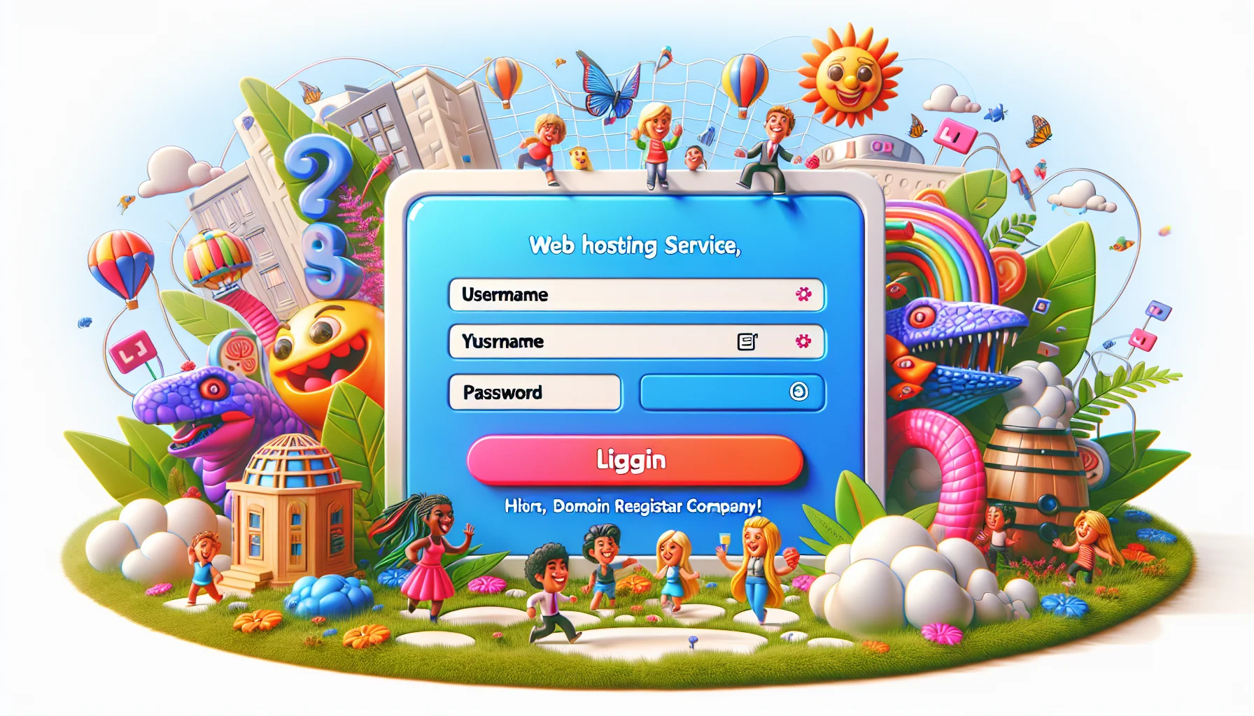 Create a humorous and realistic image displaying a fictional web hosting service, domain registrar company login page that looks enticing. The login page should be presented in a lighthearted way that emphasizes the ease of use, with visible elements such as a sizeable 'Login' button and intuitive fields for 'Username' and 'Password'. All the while, depicting playful virtual representations using bright colors and cartoon-like elements interacting with the web hosting interface in a user-friendly environment.