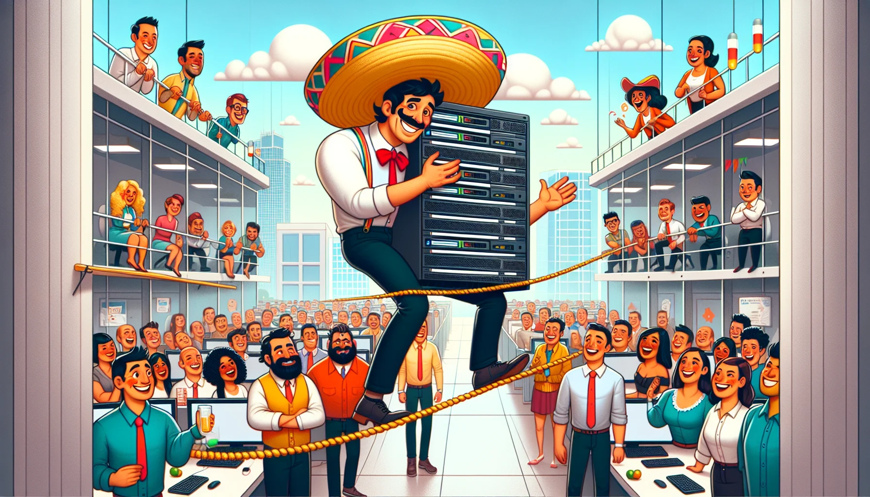 Design a humorous image showcasing a fictitious web hosting company in Mexico called 'GoodPapi'. This scene takes place in a vibrant office environment full of lively employees. A central character should be an affable man, Hispanic, with a bewitching charm and infectious laughter, holding an oversized server while balancing on a tightrope that's stretched across the office. His colleagues, a mixed group of men and women from various descents such as Caucasian, Black, South Asian, and Middle-Eastern, are cheering him on. Everyone in the office should be characterized by warm expressions and colorful clothing. The company logo, a playful rendition of a Mexican sombrero that forms a cloud, can be seen on a banner in the background.