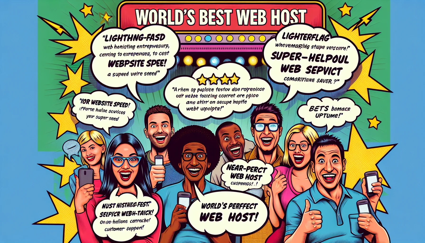 Create an image showcasing comically exaggerated reviews for a fictional web hosting company. Show different users, including a happy Hispanic female entrepreneur, a delighted Black male coder, and a satisfied South Asian female graphic designer, all enthusiastically discussing their positive experiences with the service. They are surrounded by comic cloud bubbles depicting lightning-fast website speed, near-perfect uptime, and hilarious scenarios of super-helpful customer support. A neon sign in the backdrop humorously reads 'World's Best Web Host'. The styles should reflect lighthearted fun and satire to entice viewers.